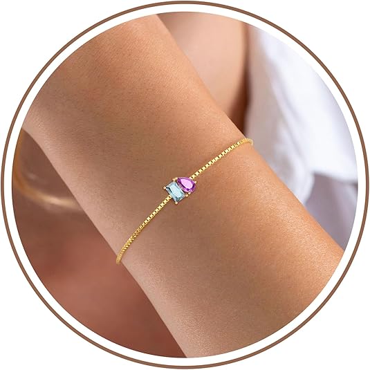 Birthstone Bracelets for Women, Dainty Gold Bracelet with Birthstone Birthday Gifts for Her Mothers Day Gifts Trendy Stuff 14k Plated Adjustable Link Bracelet Anniversary Christmas Jewelry