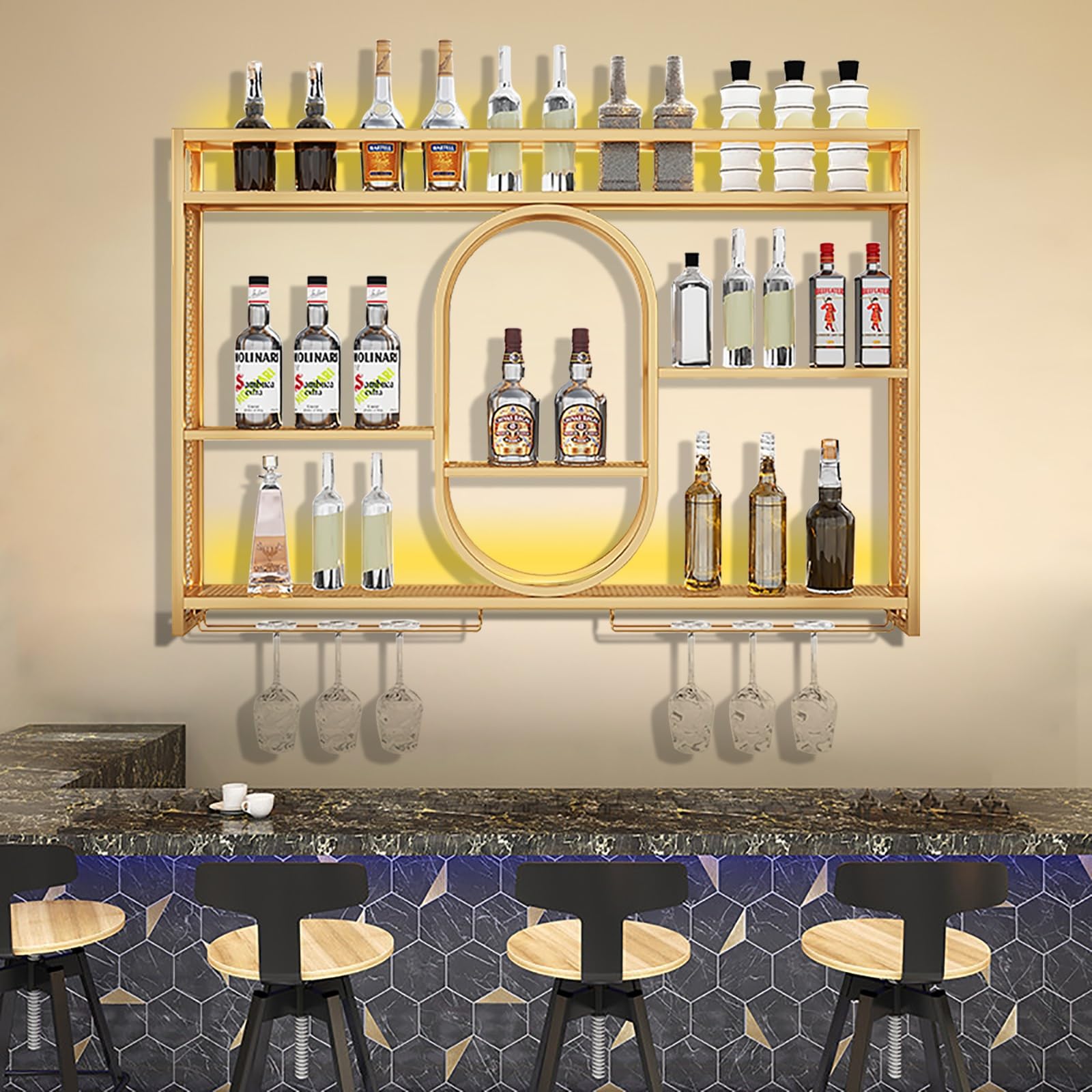 Soporte de pared LED para botellas con estante de cristal, estante de licor para exhibición de vino, estantes de almacenamiento de bar, licor decorativo con iluminación LED para decoración del hogar