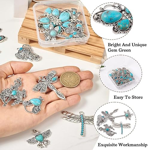 Miniatura 2 de pandahall 14 dijes de turquesa estilo tibetano, aleación bohemia, mariposa, libélula colgante, dijes retro de animales, insectos, joyería