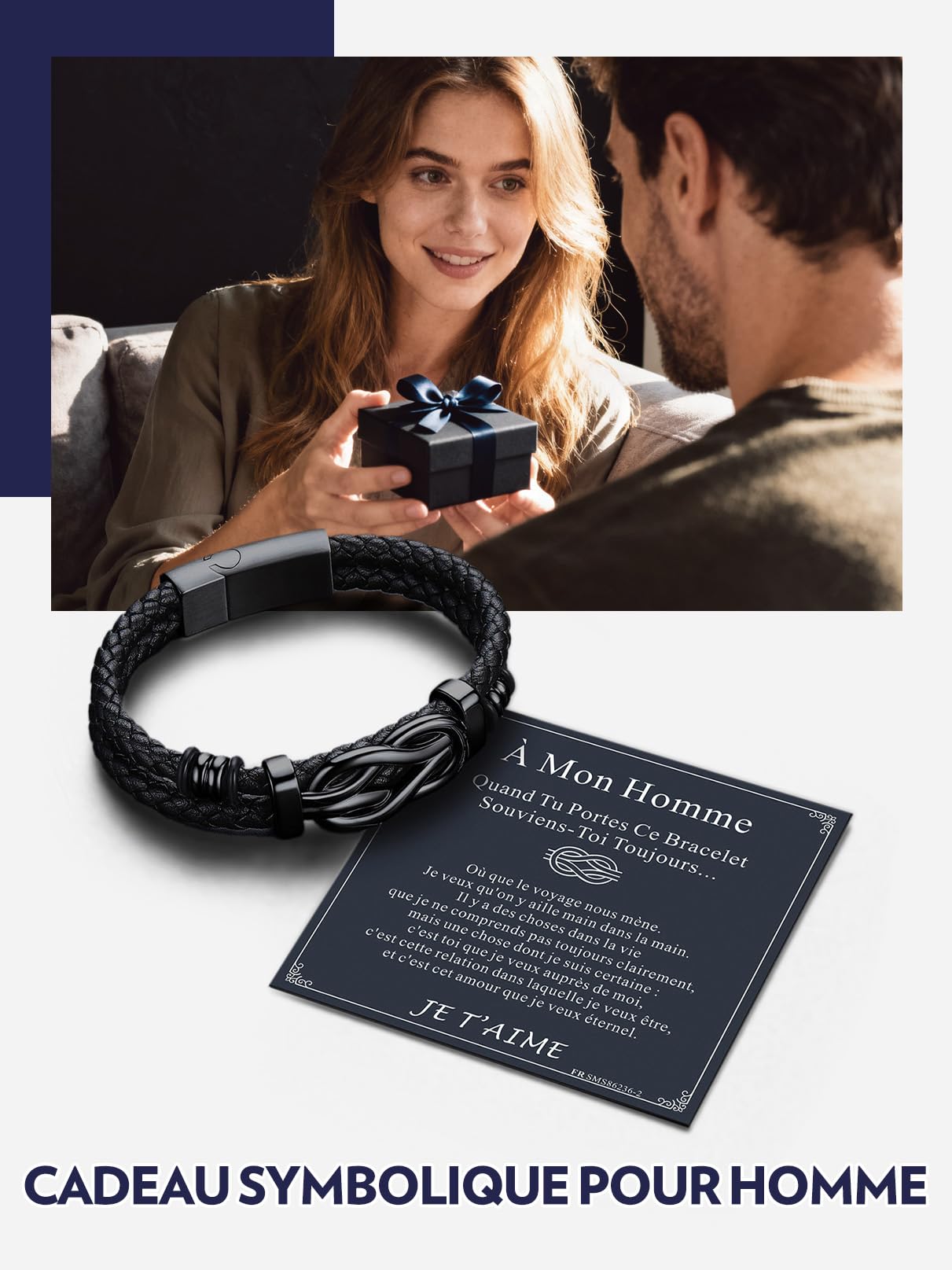Bandmax Bracelet en Cuir Homme 19/21/23cm avec Carte Cadeau FR, DE, ES, IT - Bracelet Tressé Argenté/Noirt avec Nœud Concentrique, Cadeau pour Papa/Mari/Frère/Couple