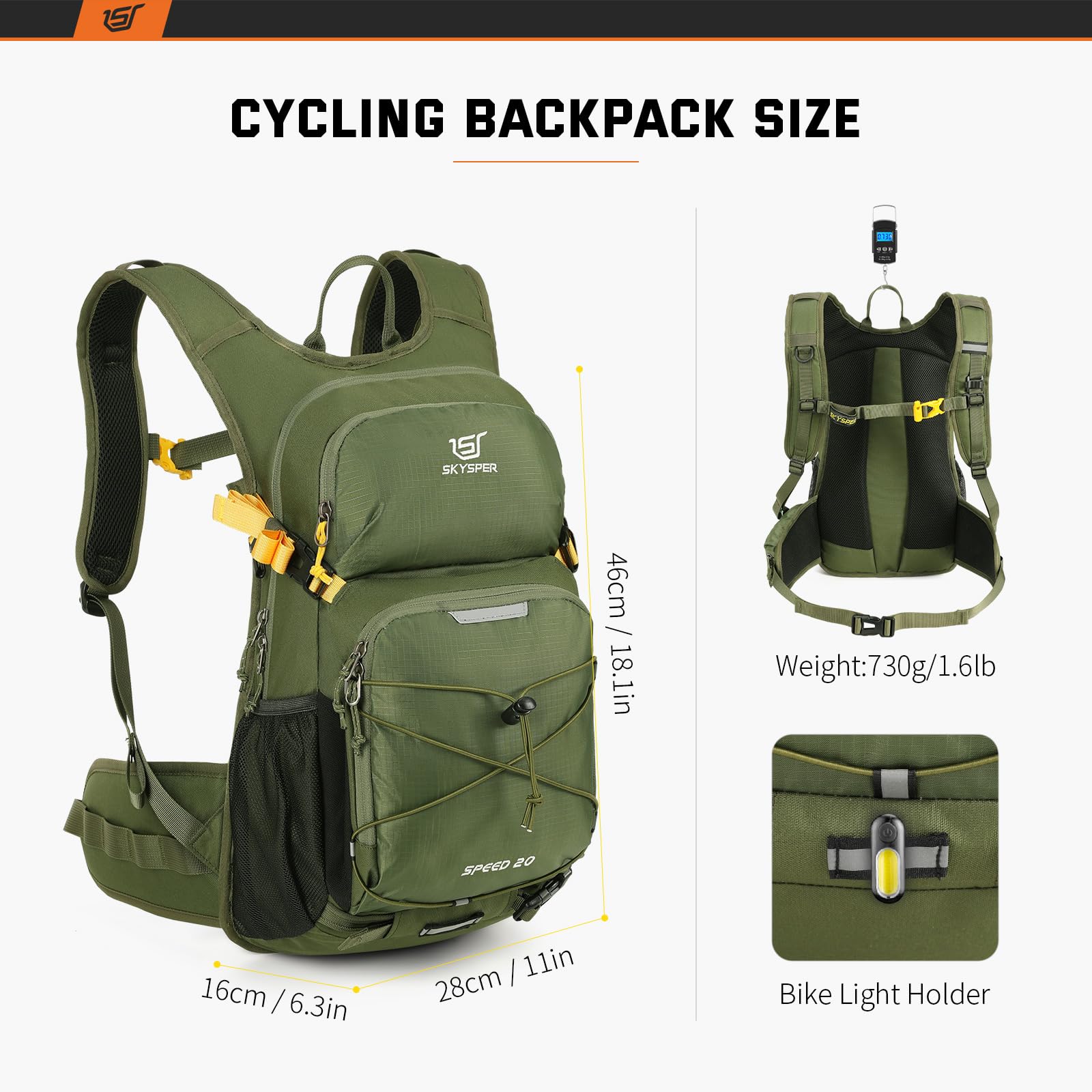 SKYSPER Zaino per Ciclismo 20L, Zainetto da Bici Ultraleggero e Traspirante con Copricasco Zaino Multifunzionale per MTB Bica da Strada Sci Escursione Uomo e Donna