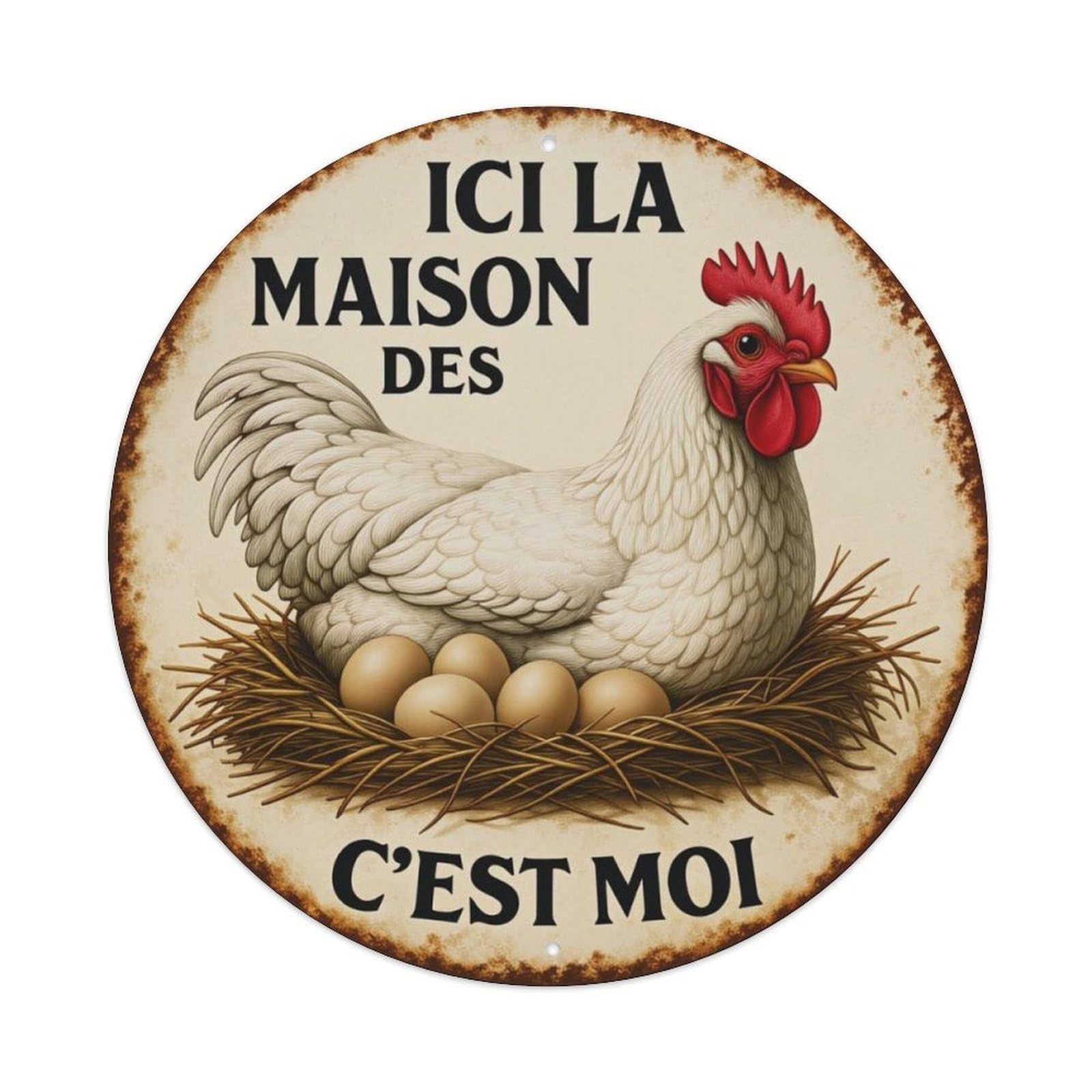Vintage French Hen Farm Round Metal Sign Vintage Aluminium Metal Sign, Retro Wall Decor for Home, Bar, Garage & Farmhouse 20x20cm