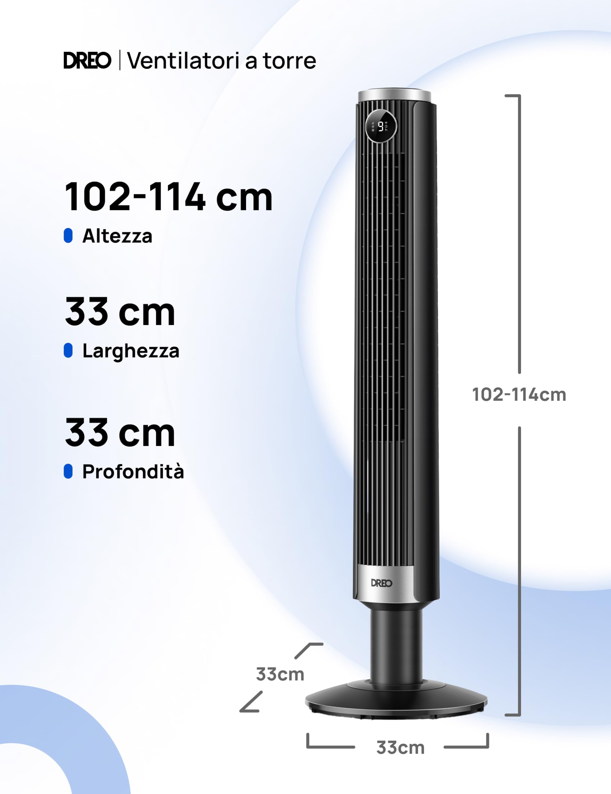 DREO Ventilatore a Torre Smart 554S, Ventilatore a Torre Regolabile 102–114cm per Camera, 8.4 m/s, Oscillazione 90°, Silenzioso 20 dB Dormire, 9 Velocità, 4 Modalità, Timer 12 h per Casa e Ufficio