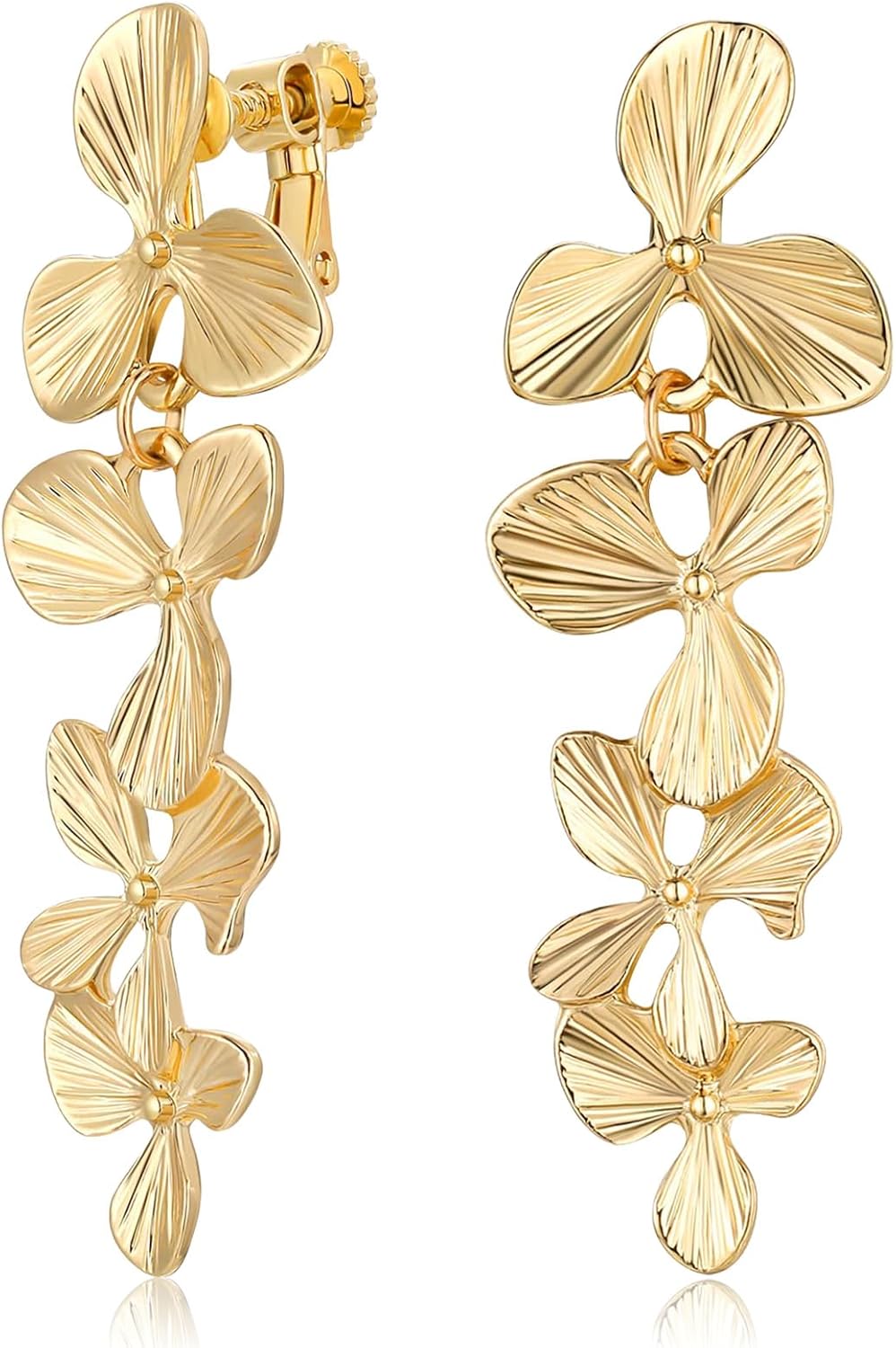 Gold Clip On Earrings for Women, Long Flower Dangle Earrings, Gold Floral Statement Clip On Earring No Piercing Jewelry