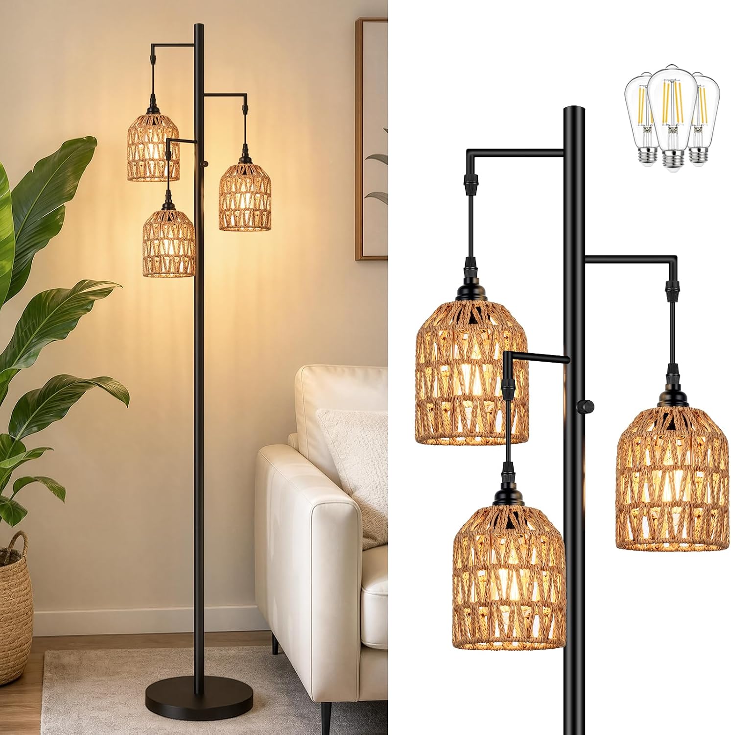 70’’ Tall Floor Lamp for Living Room, 3-Light Rattan Standing Lamp, Black