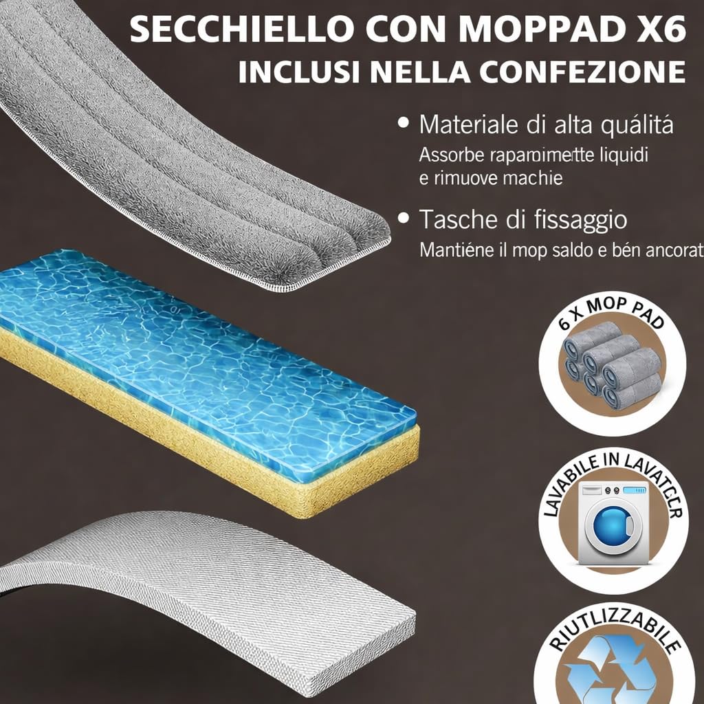 Mocio con Secchio e Strizzatore, Mop Piatto con 6 Panni in Microfibra, Manico Telescopico in Acciaio Inox 132 cm, Lavapavimenti per Casa, Piastrelle e Parquet, Colore Beige