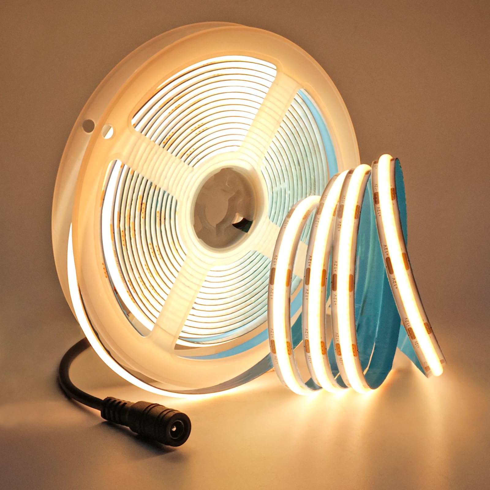 Tyun LED Strip Light COB, DC 12V 5 Metre Band 480 LEDs/M Warm White 3000K Neon Light 5000 LM Super Bright Light Strip with DC Connection for Party, Counter, Shelf, Home Decor