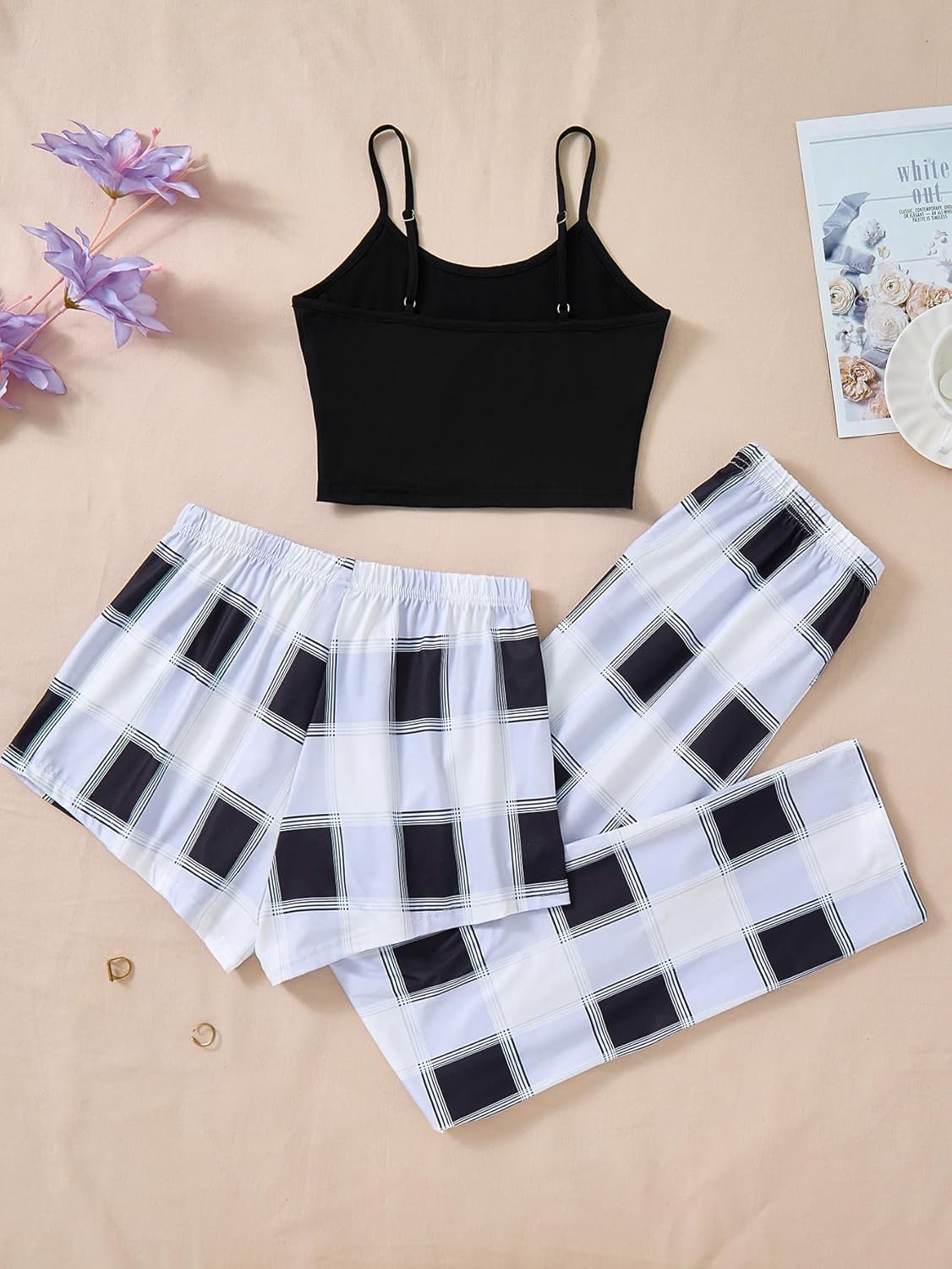 Milumia Women's 3 Pieces Plaid Pajama Set Cami Shorts Pants Pj Sets Sleeveless Soft Lounge Sleepwear Sets - Image 3