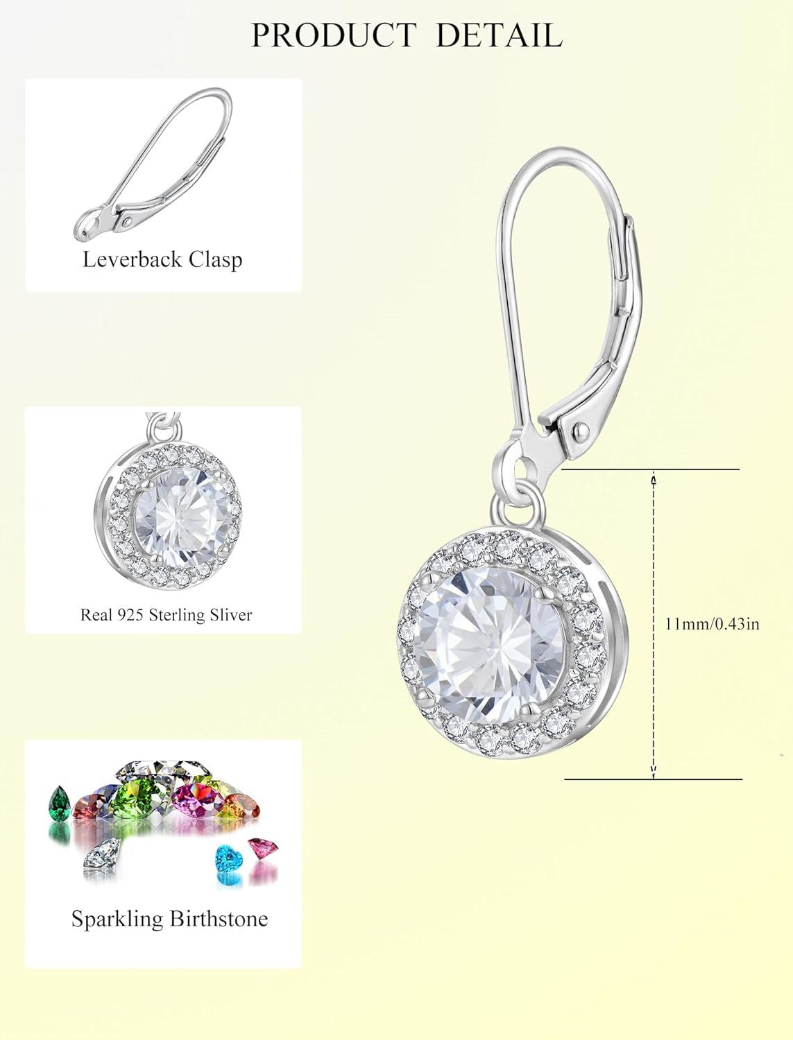 925 Sterling Silver Dangle Drop Earring with Round Leverback Birthstone Jewelry for Her