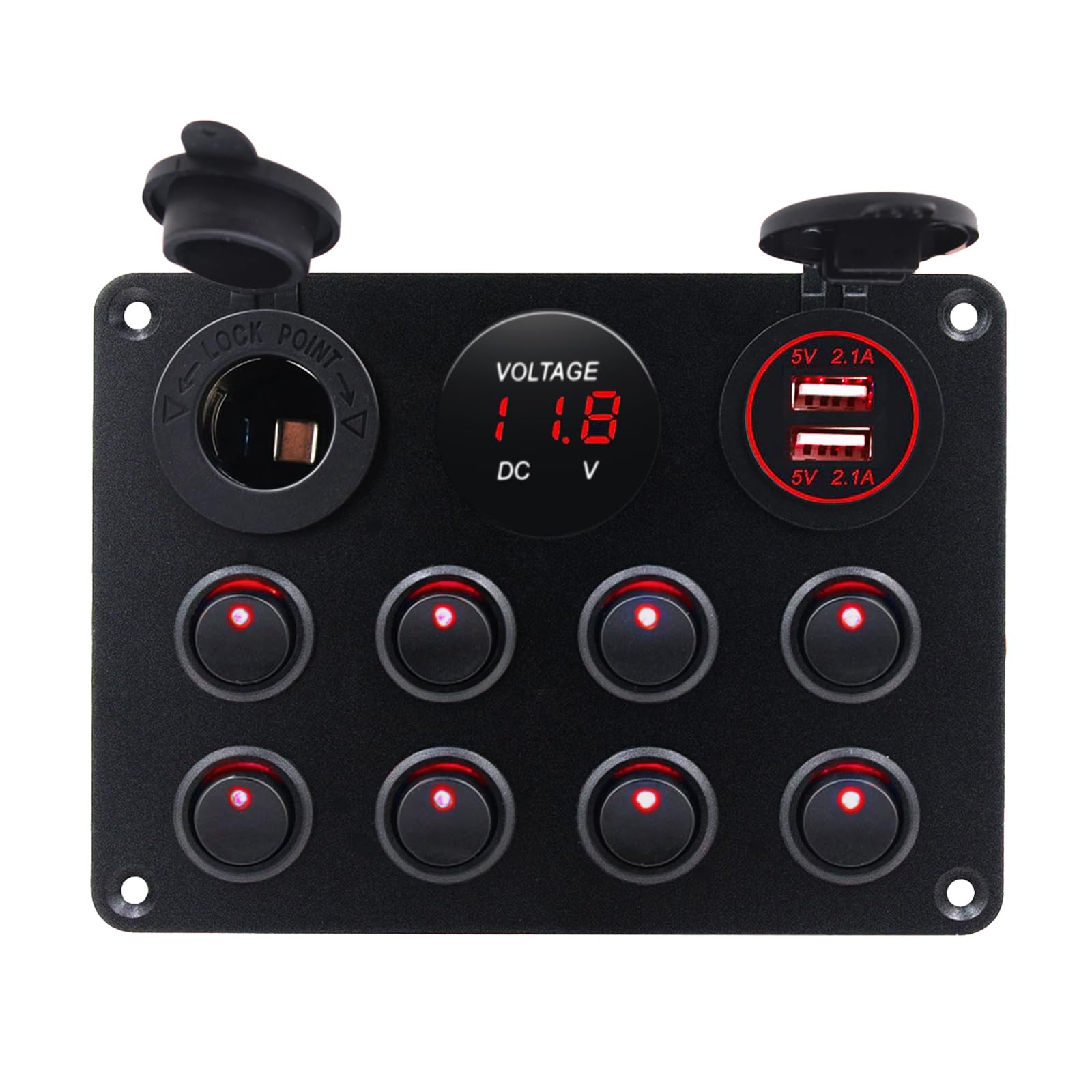 KAOLALI 8 Gang Panneau de Commutation à Bascule 12V/24V, Rouge LED Étanche | Interrupteur à Bascule Étanche, 4,2 A Double Chargeur USB, Affichage Numérique, pour Voiture, Marine, Bateau, Camping-Car