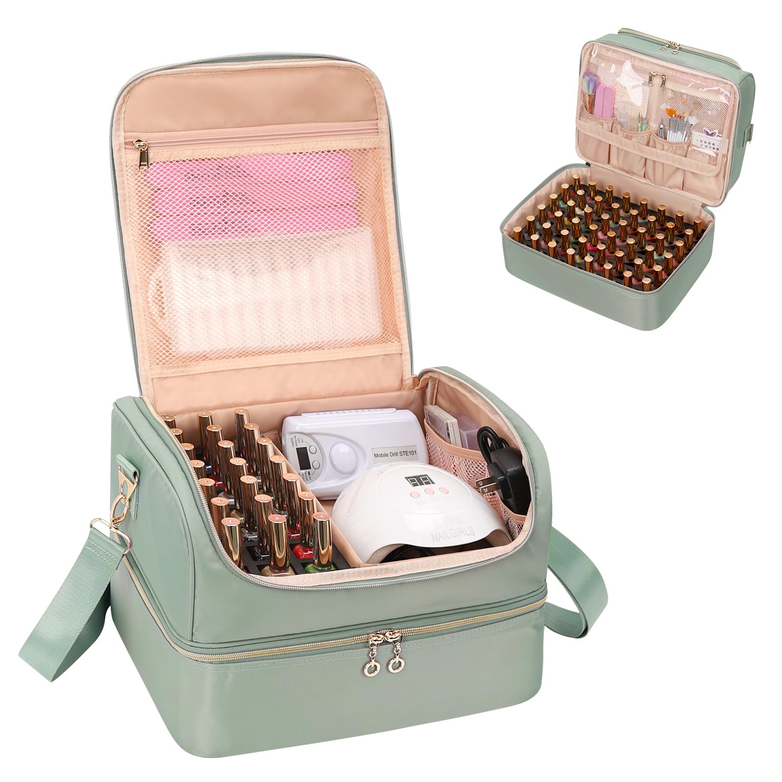 CUBETASTIC Nail Polish Organizer, Nail Tech Organizers and Storage Case Holds 69 Bottles Nail Polish & Nail Lamp, Travel Nail Supplies bag for Nail Tech Kit & Manicure Tools, Green