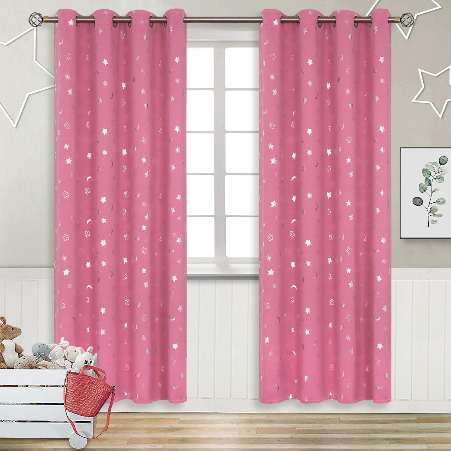 BGment Blackout Curtains for Nursery, Room Darkening Thermal Insulated Window Curtains for Kids Room, Noise Cancelling Heat Insulation Star and Moon Curtains for Bedroom, 2 Panels, Pink, 52 x 72 Inch