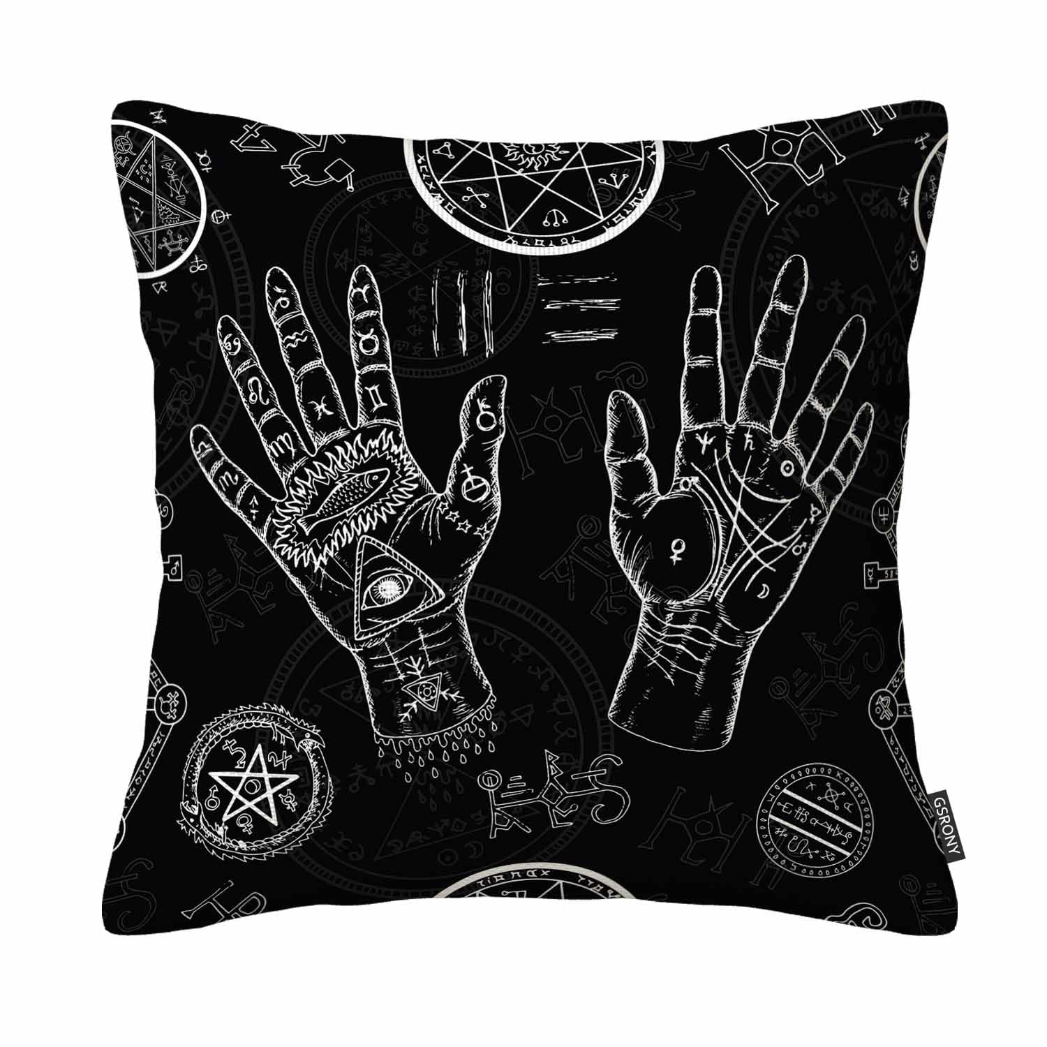 Gsrony Yellow Throw Pillow Cover Human Hands Pentagram And Mystic Symbols Black Life Lines Palms Decorative Pillow Case 18X18 Inches Cotton Linen