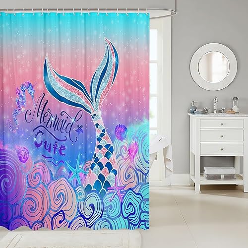 Miniatura 9 de Cortina de ducha infantil para niñas, sirena, cortina de baño de sirena de 72 x 72 pulgadas, cortina de baño con cola de sirena morada, cortina de