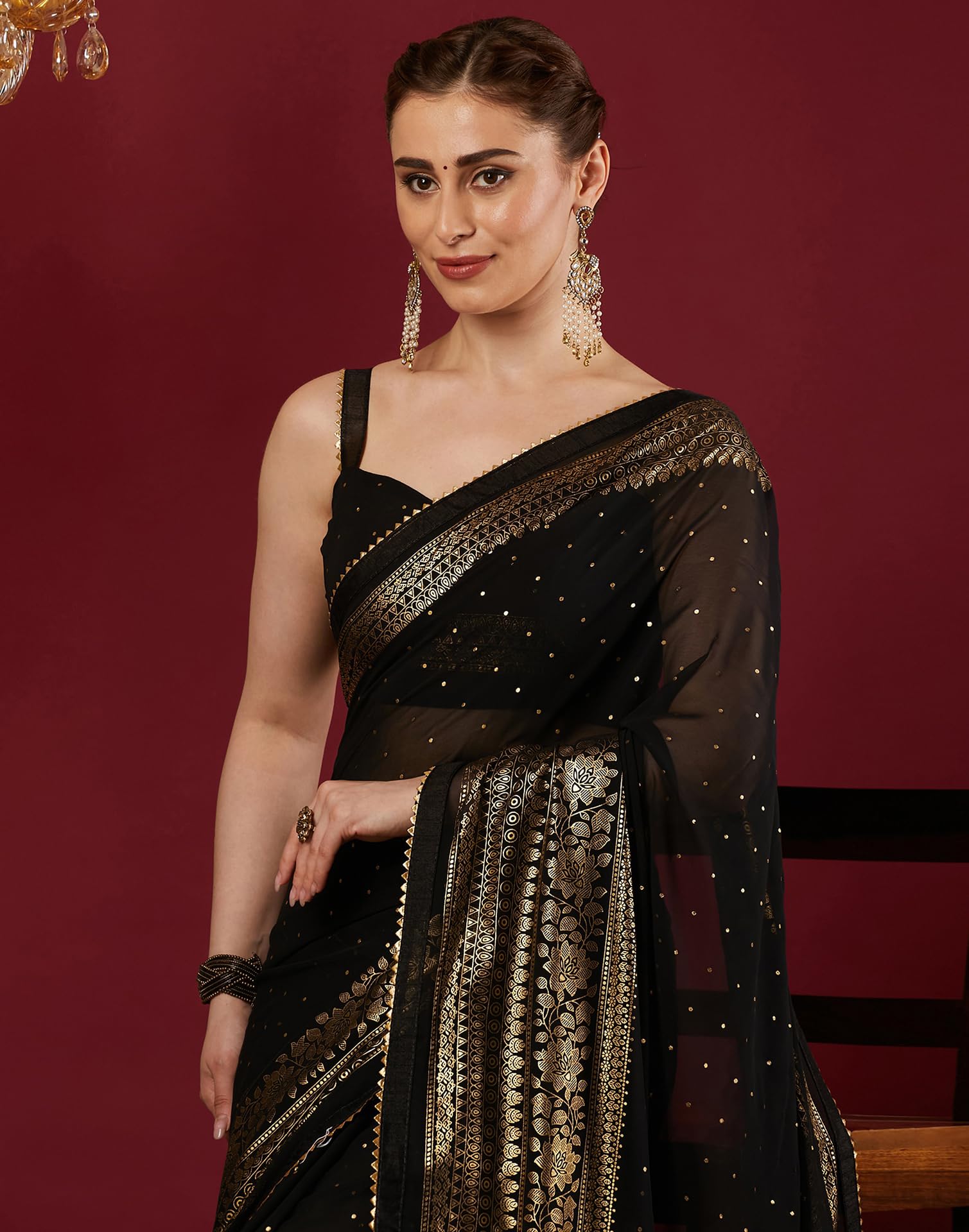 SIRIL Women's Georgette Foil Printed Saree with Unstitched Blouse Piece (4402S3152_Black) - Image 4 thumbnail