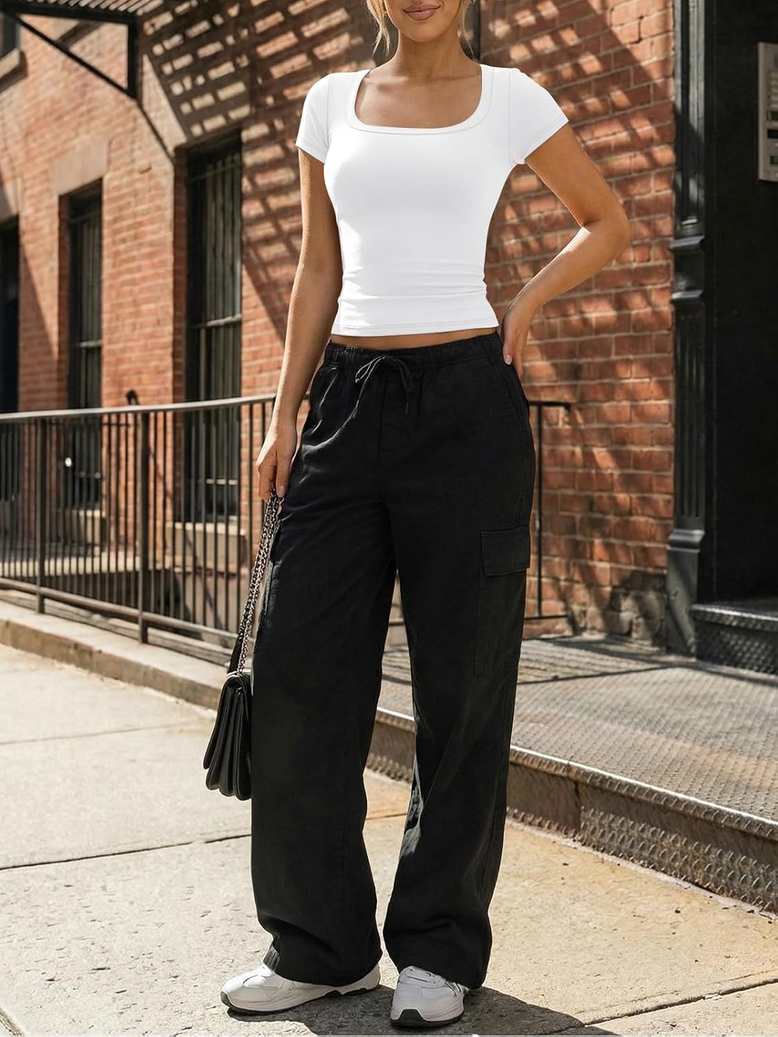 Trendy Queen Womens Short Sleeve Square Neck Basic T Shirts Slim Fit Crop Y2k Tee - Image 5