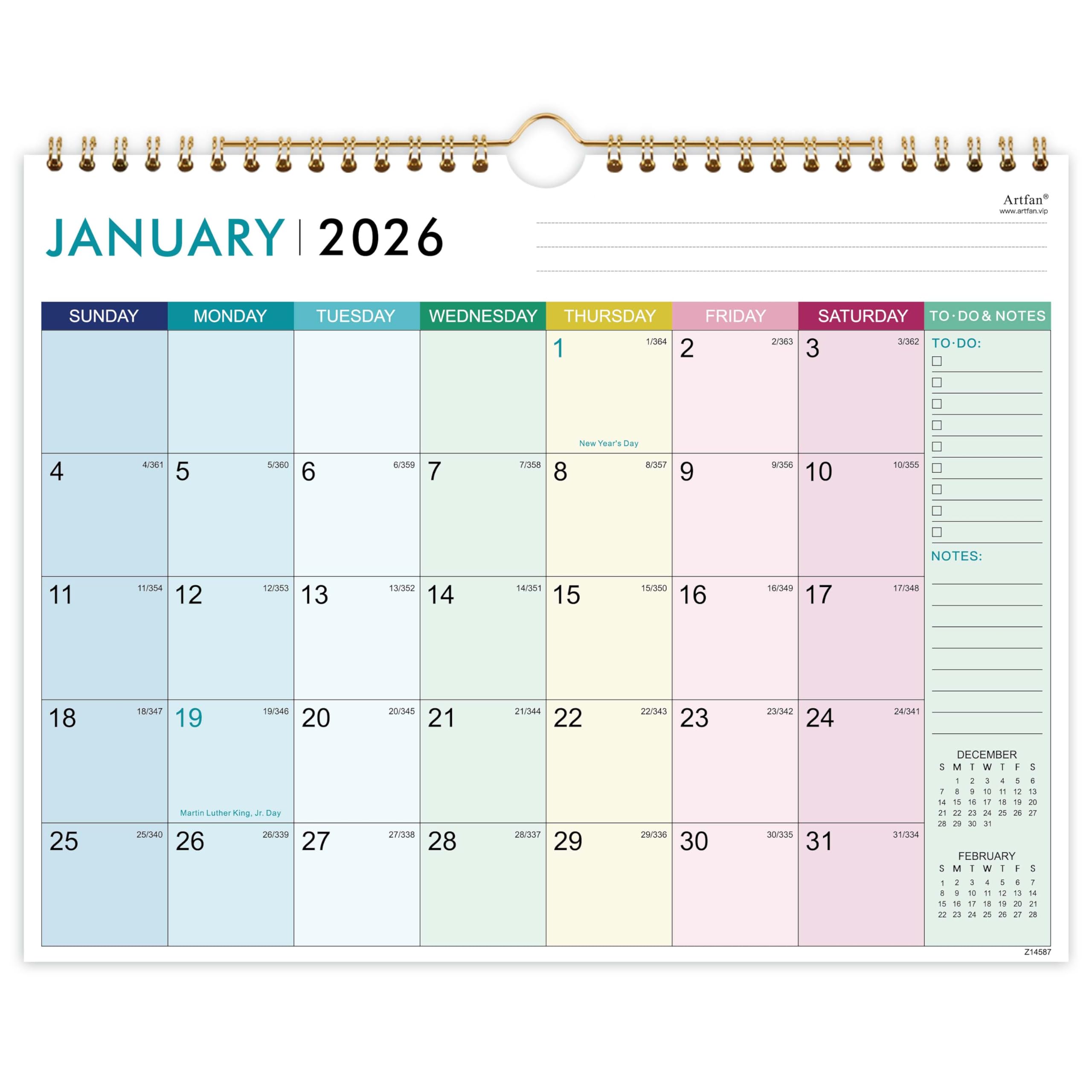 2026 Calendar - Wall Calendar 2026, Jan.2026 - Dec.2026, 11" x 8.5", 2026 Wall calendar 12 Month with Unruled Block, Hanging Hook - Colorful Lump
