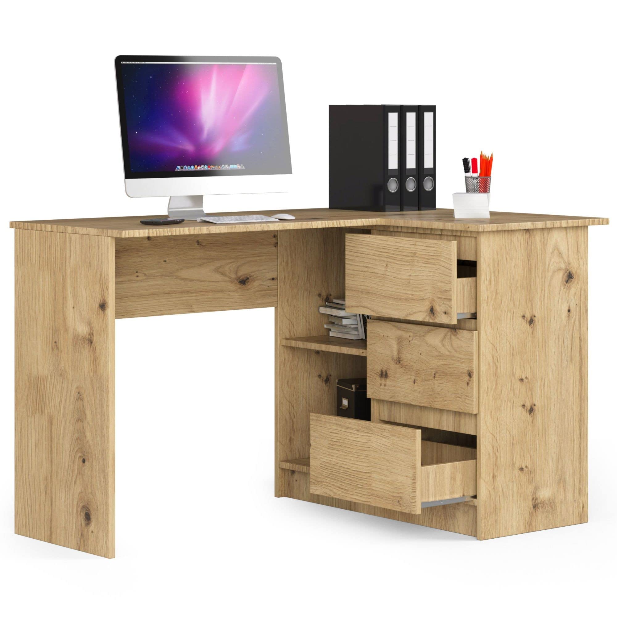 Escritorio esquinero AKORD B16 Roble Artisan 124 cm con lado derecho 3 cajones frente en color Roble Artisan 2 estantes 124x85x77 cm