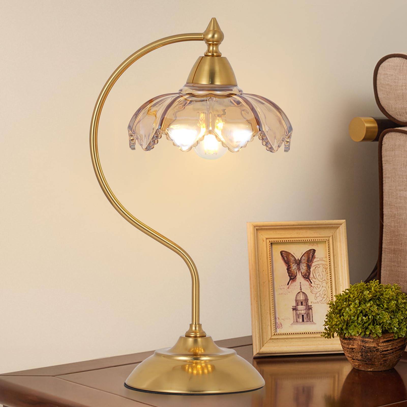 Table Lamps for Living Room, Flower Desk Lamp, Glass Beside Lamp for Nightstand, Gooseneck Small Table Lamp, Mid Century Modern Desk Light, Table Light for Bedroom Home Office Reading (Amber)