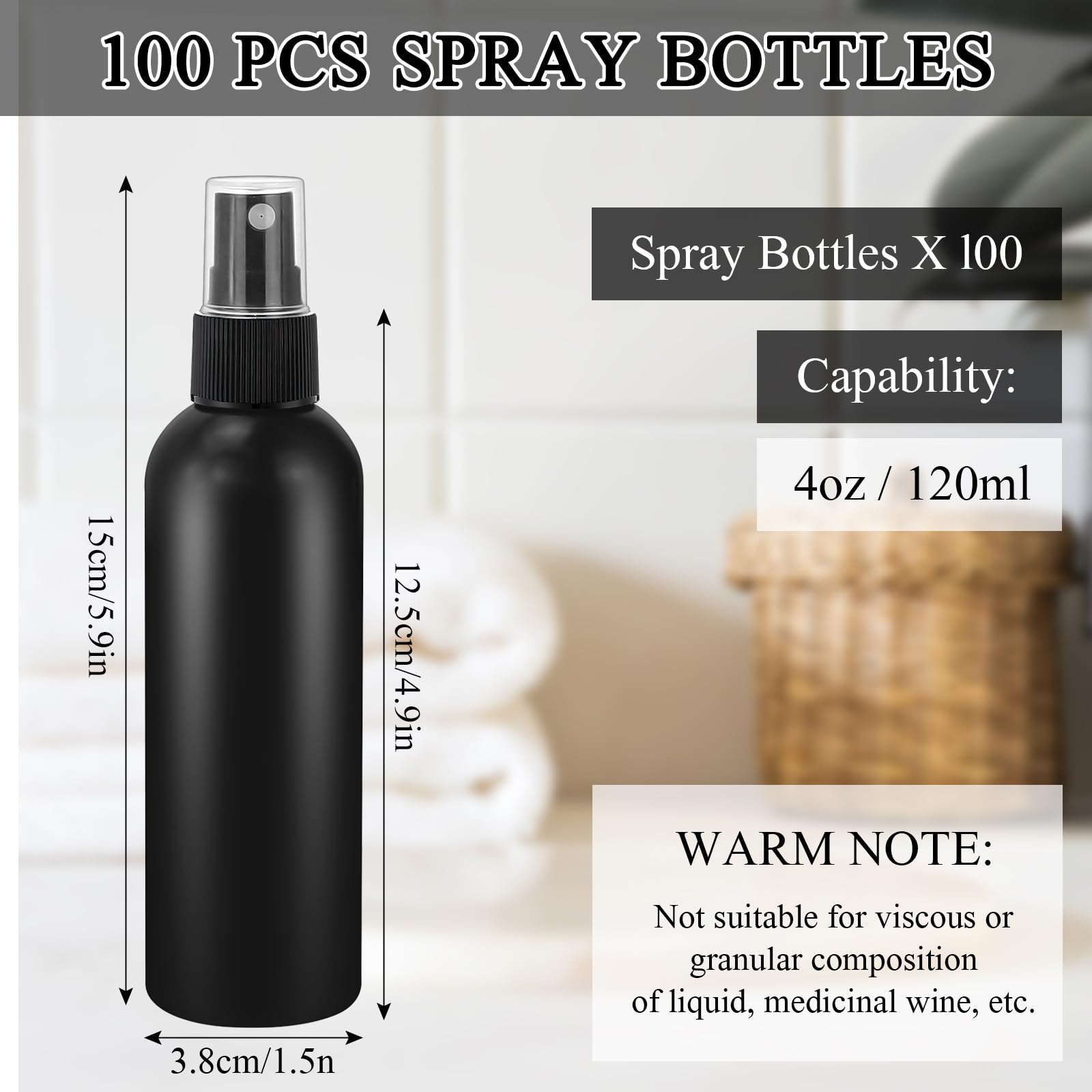 Malloom Confezione da 100 flaconi spray vuoti da 120 ml, contenitori in plastica per oli essenziali e soluzioni detergenti, ricaricabili, dimensioni da viaggio (nero)