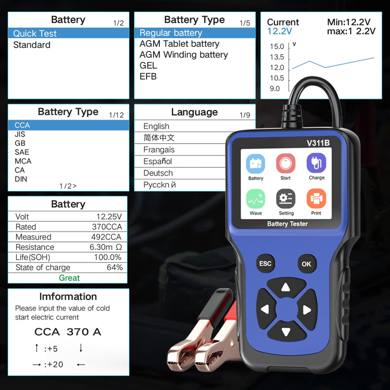 Tester baterii, V311B 12V. Test baterii Detektor akumulatora Tester akumulatora samochodowego Analizator ładowarki Ładowarka Ładowanie Tester Tester narzędzia