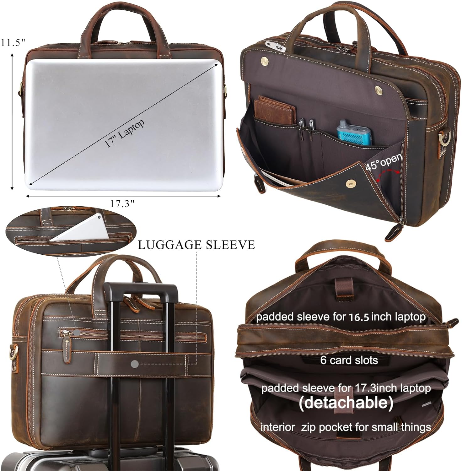 Masa Kawa Leather Briefcase for Men 15.6", 17" Laptop Computer Case Business Travel Work Messenger Cross Body Shoulder Bag - Image 5