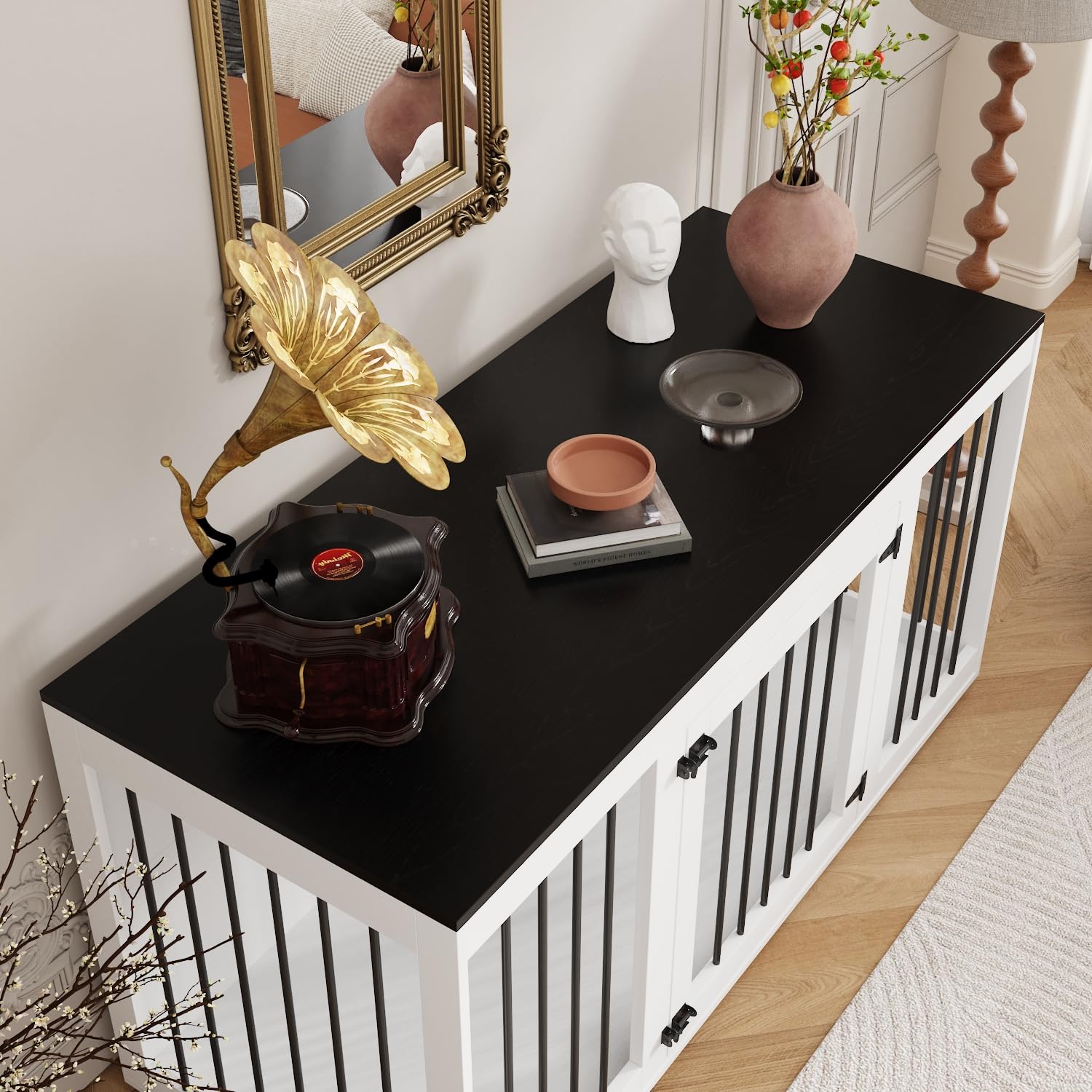 Cage pour Chien d'Intérieur - Niche avec Porte et Coussin - Pour Grands, Moyens et Petits Chiens - MDF + Fer - 136 x 70 x 56 cm - Blanc