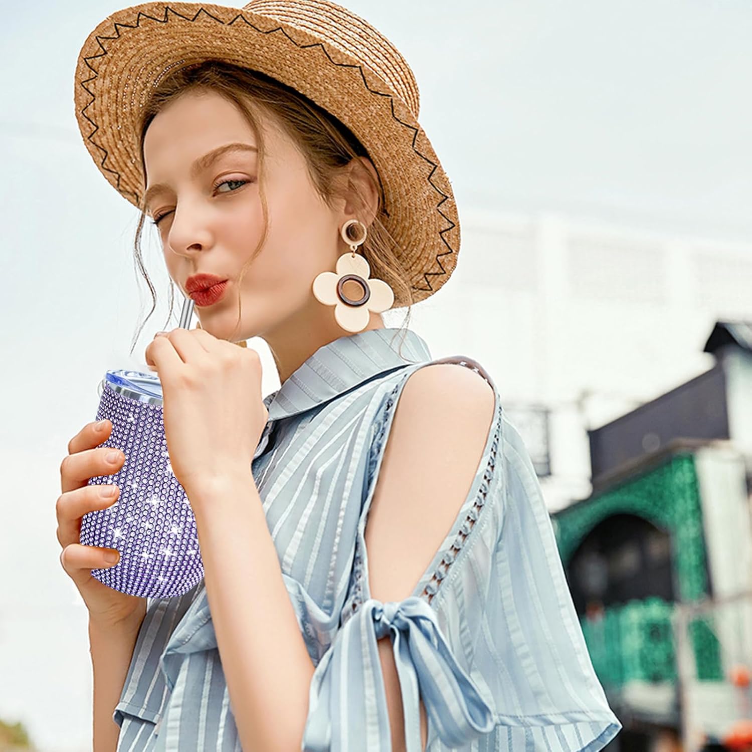 INSTOME 3Pcs Bling Water Bottle Set - Sparkling Diamond-Like Rhinestone Cups for Women, 12oz & 10oz Glitter Tumblers with Straws for Daily Use (Purple)