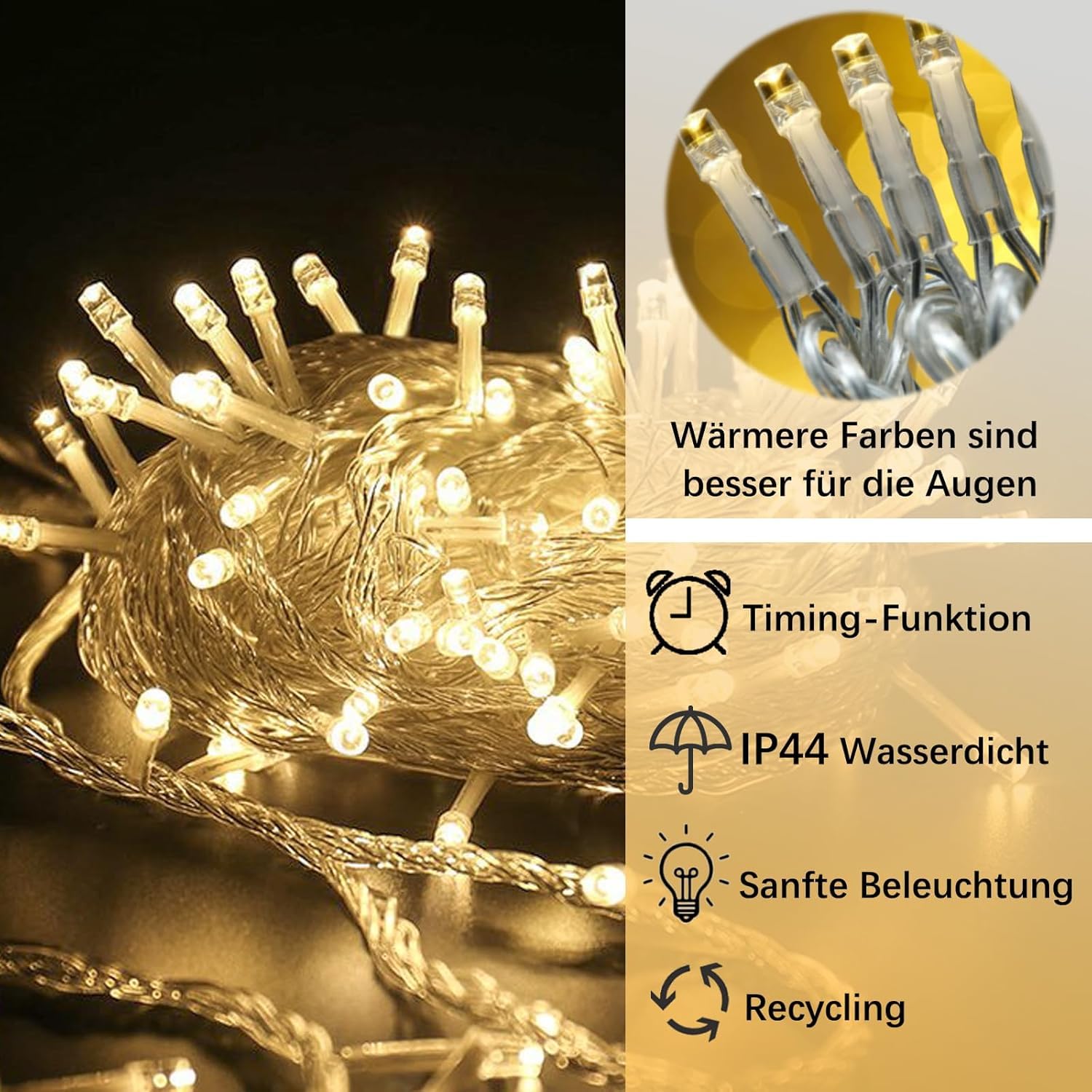Łańcuch świetlny na zewnątrz, 2 sztuki, 20 m, 200 diod LED, ciepła biel, łańcuch świetlny do wnętrz z timerem, 8 trybów, wodoszczelność IP44, łańcuch świetlny LED na choinkę do ogrodu, na