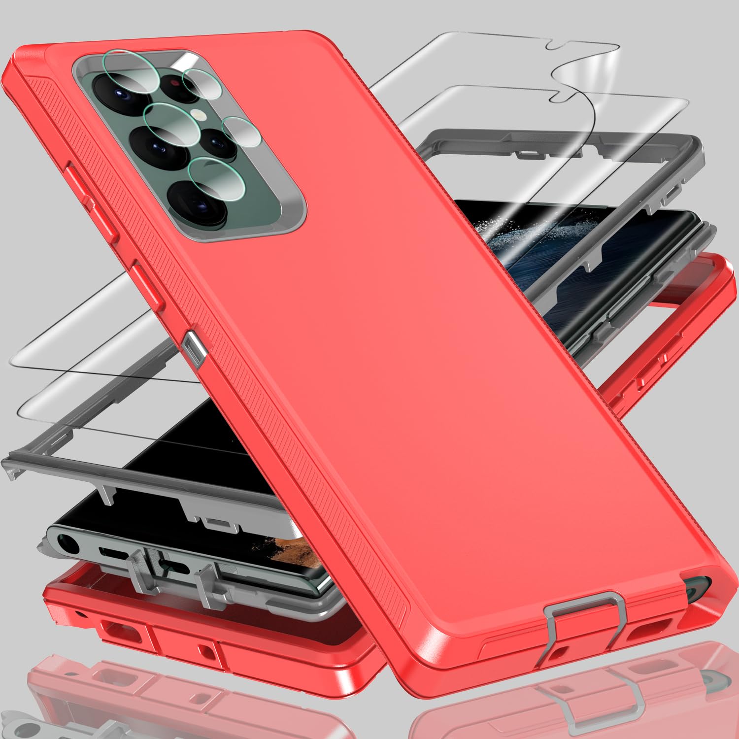 Coque Samsung S22 Ultra antichoc rouge et gris avec protections d'écran et d'objectif intégrées - 7