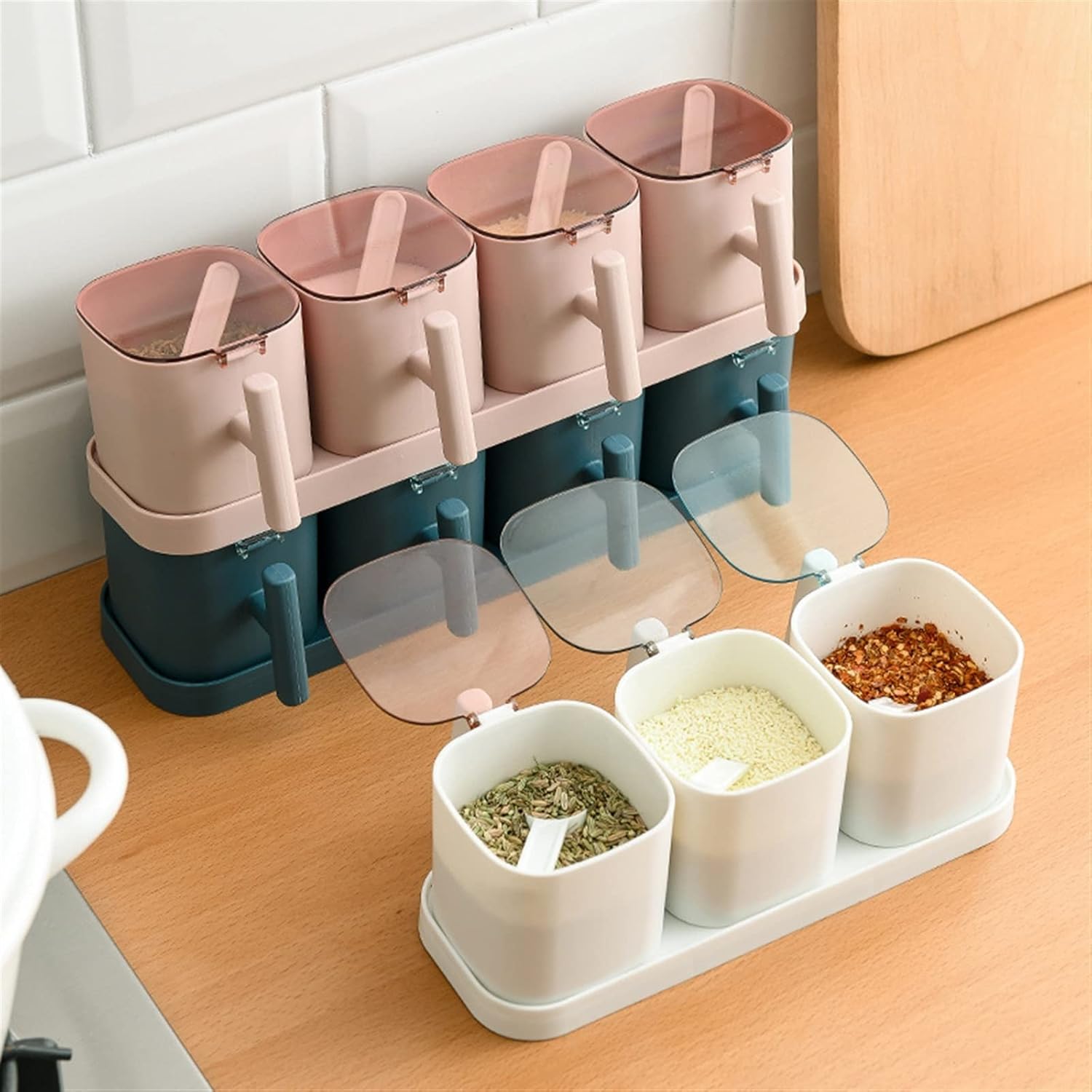 Spice Box Pepper Spice Shaker Salt Seasoning Organizer Kitchen Cruet Condiment Bottle Jars Container with Spoons (Color : Blue-2pcs)
