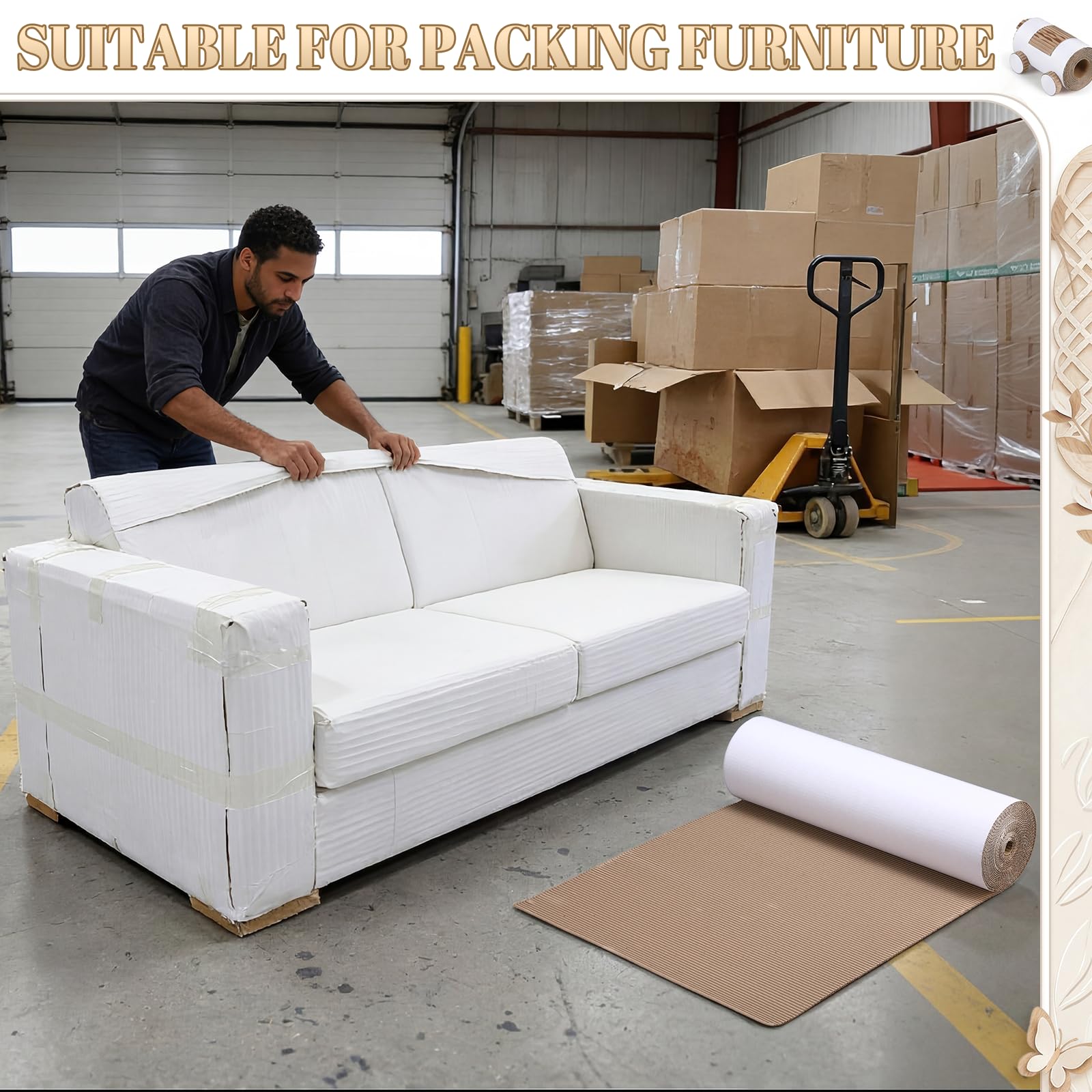 MotiMind Rouleau de carton ondulé, 61 x 1014 cm | Papier ondulé blanc pour expédition, emballage, déménagement, travaux manuels et protection du sol