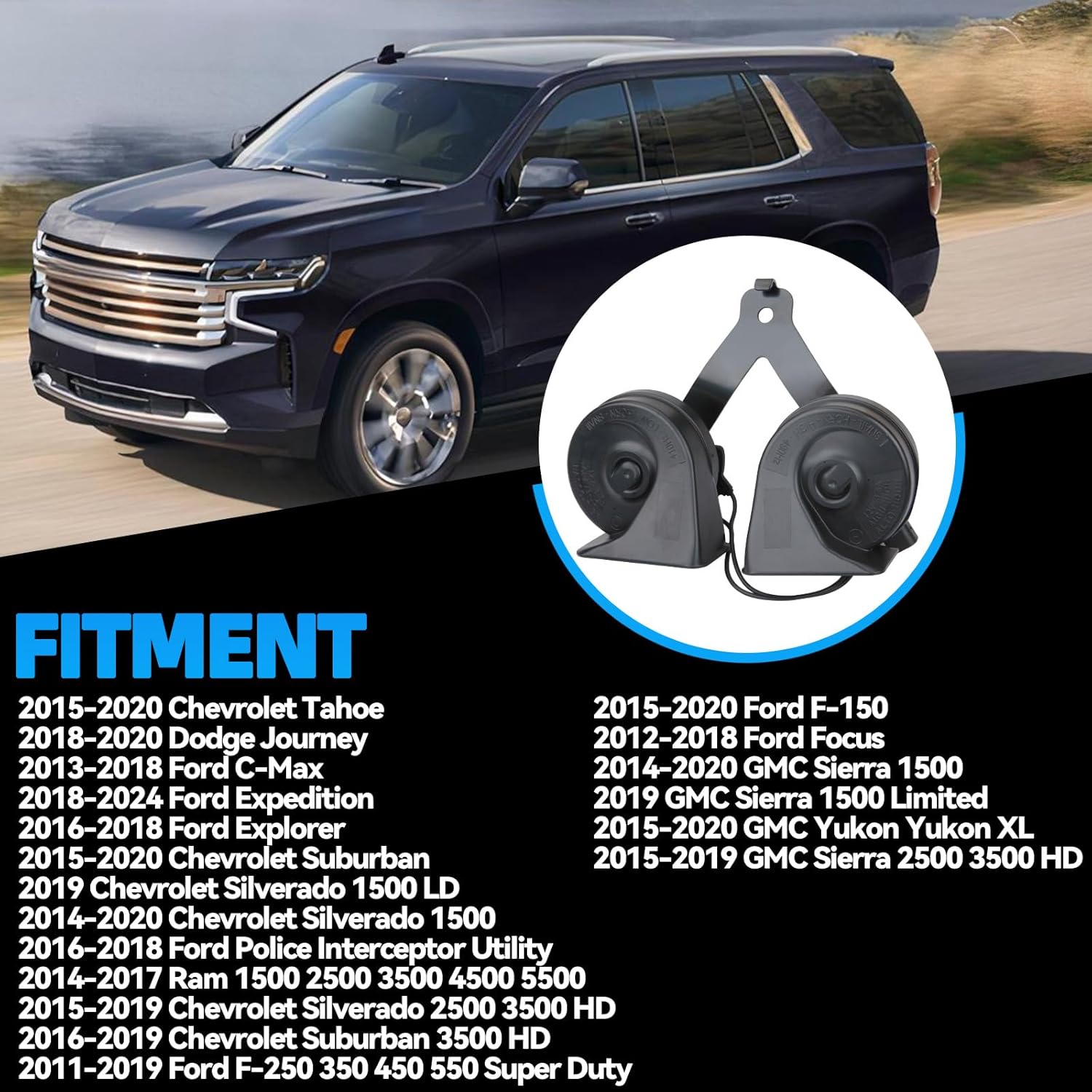 Horn Assembly with Bracket Compatible with 2015-2024 F-150 Expedition 2014-2020 Chevy Silverado Tahoe Replace FL3Z-13832-C FL3Z-13832-A FL3Z-13832-B
