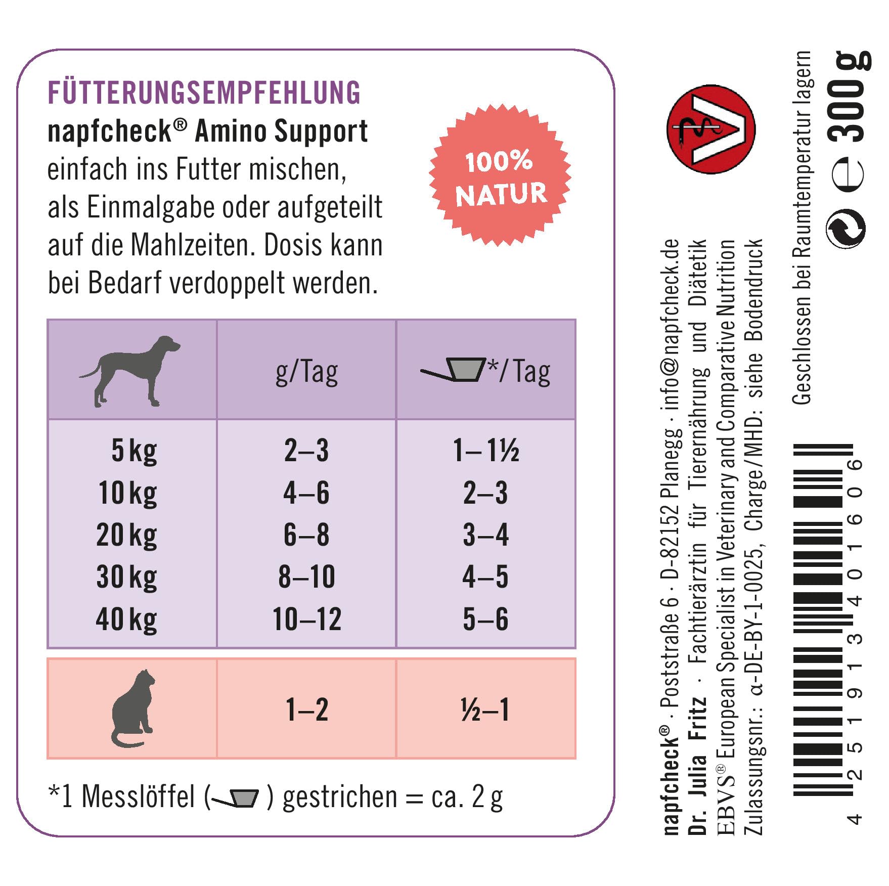 napfcheck Amino Support – Proteinpulver für Hunde und Katzen - 300 g