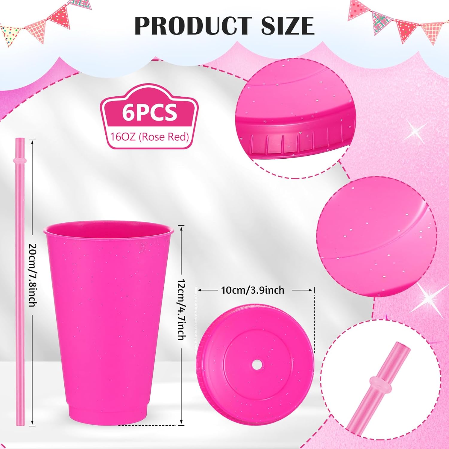 Uiifan 6 Pcs Reusable Tumbler with Lids and Straws Plastic Iced Coffee Tumbler Glitter Travel Mug Cup for Smoothie Juices Birthday Party Cold Drink Coffee Cup Bulk for Adult Kid Women(16 oz,Rose Red) - Image 2