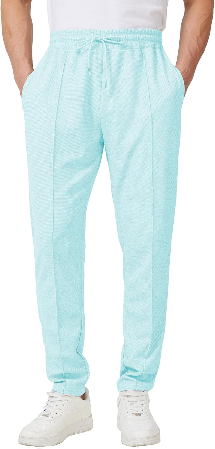 Men's Casual Pants Waffle Knit Pants Lightweight Open Bottom Pants Slim Fit Drawstring Jogger Yoga Pants with Pockets