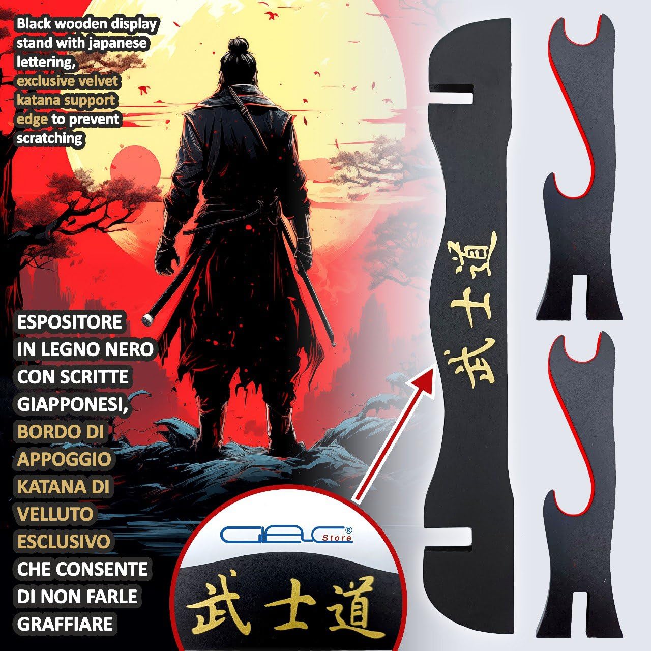 Stojak na stojak na stół drewniany stojak do Katana Samurai z japońskimi literami, 2 miejsca ozdobiony czerwonym aksamitem w solidnej części do podparcia
