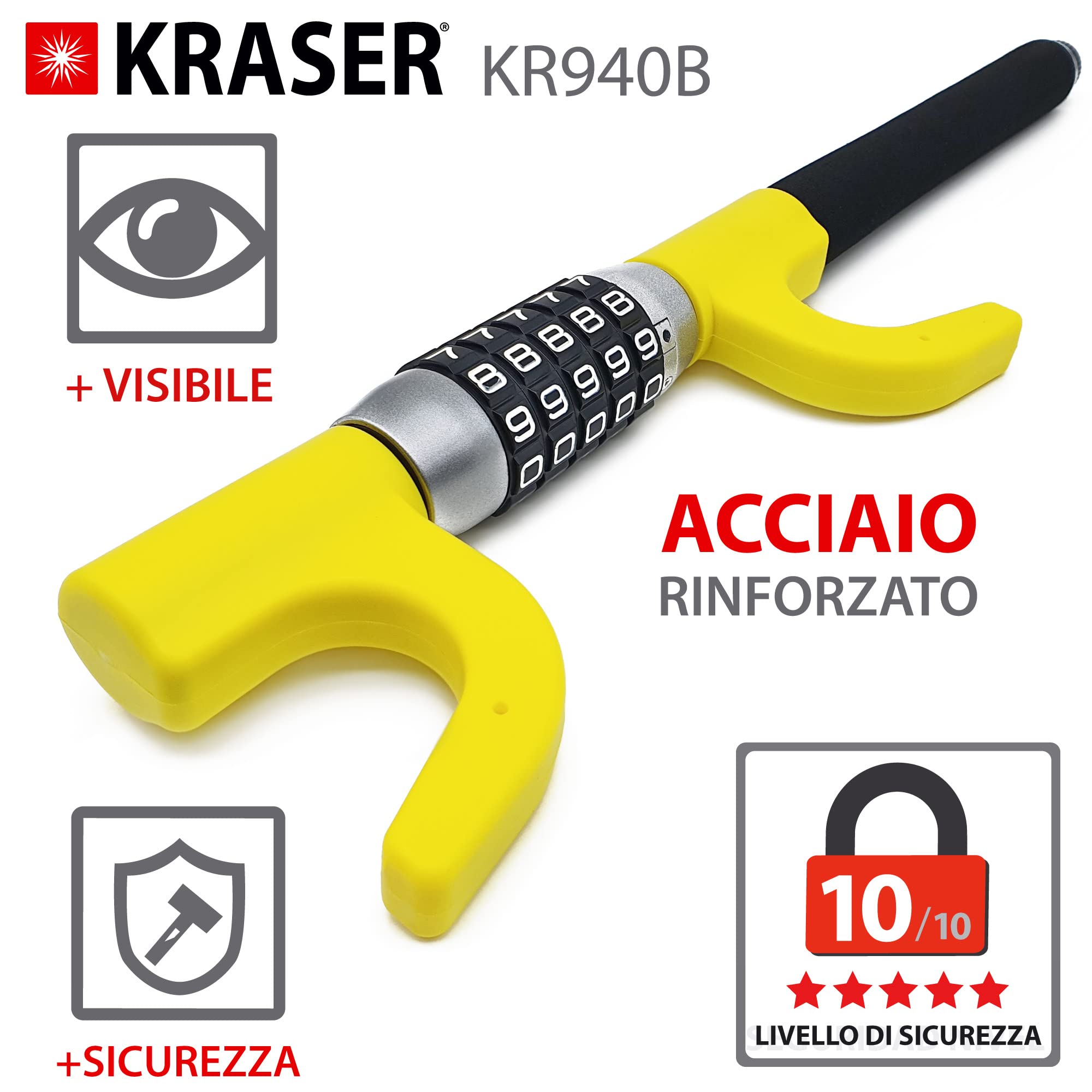 KRASER KR940B Antifurto Auto con Codice Massima Sicurezza, Blocca Sterzo Giallo Più Visibile e Deterrente, Robusto Blocca Volante con Martello Emergenza, Bloccasterzo Universale Automobile Camper