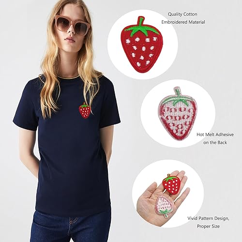 Miniatura 3 de DANUDON 25 parches de fresas para planchar, bonitos apliques de fresa roja para planchar, parches para bordar frutas, parches de tela decorativa