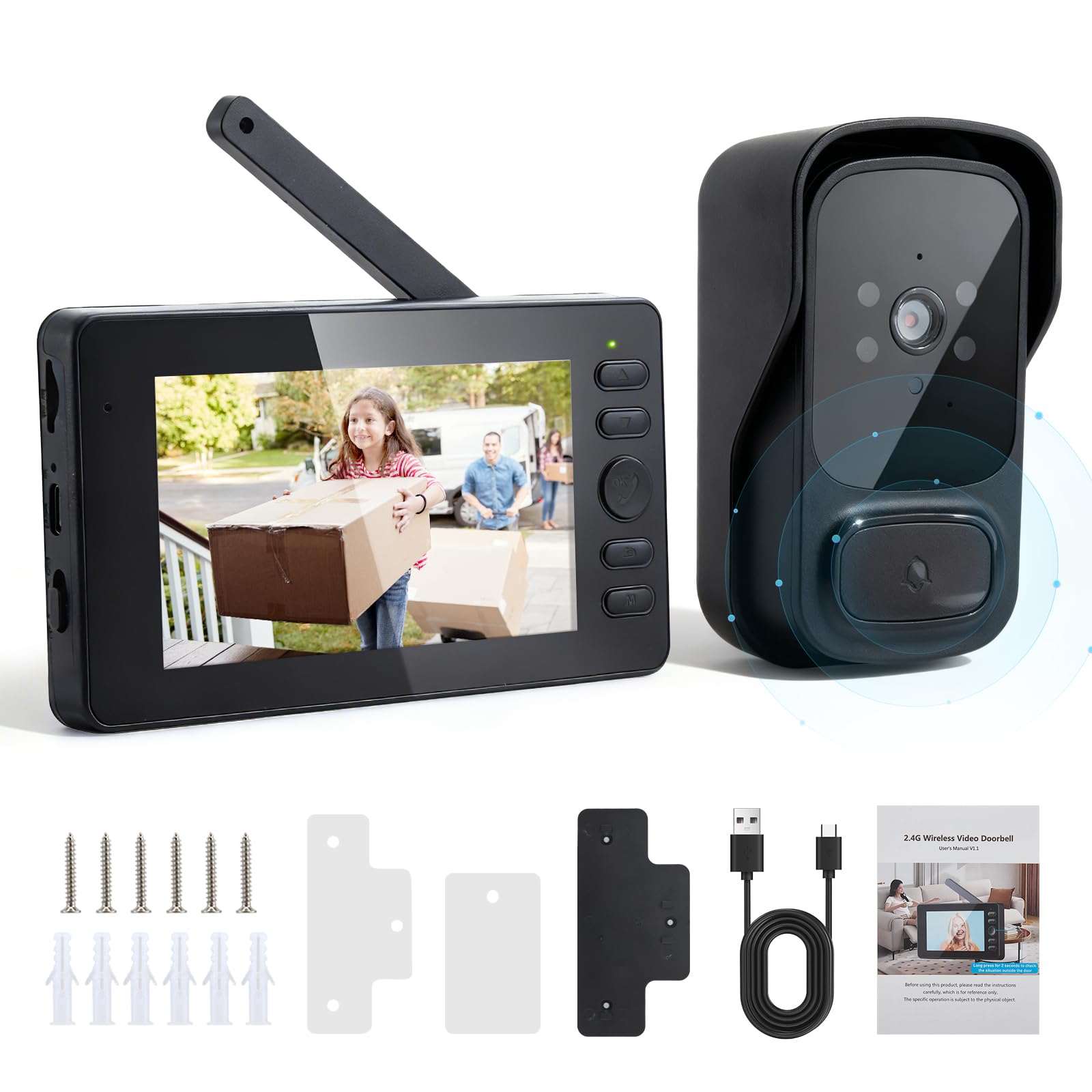 Campanello senza Fili con Telecamera, Campanello Video Impermeabile senza Fili, 1080P HD IPS 4.3", Audio Bidirezionale, Visione Notturna a Infrarossi, Resistente alle Intemperie, Angolo di Visione 120