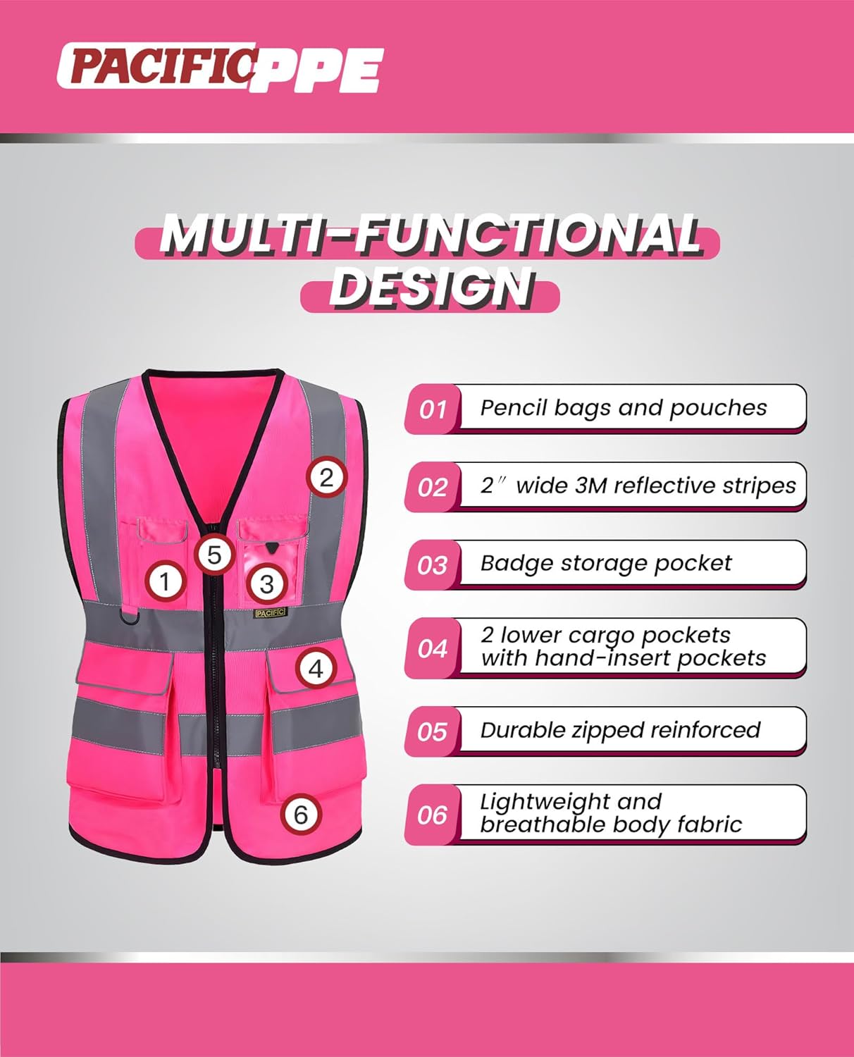 PACIFIC PPE Working Safety Vest for Women, High Visibility Construction Vest with Reflective Strips, Meet ANSI/ISEA Standard, Pink, Large - Image 2