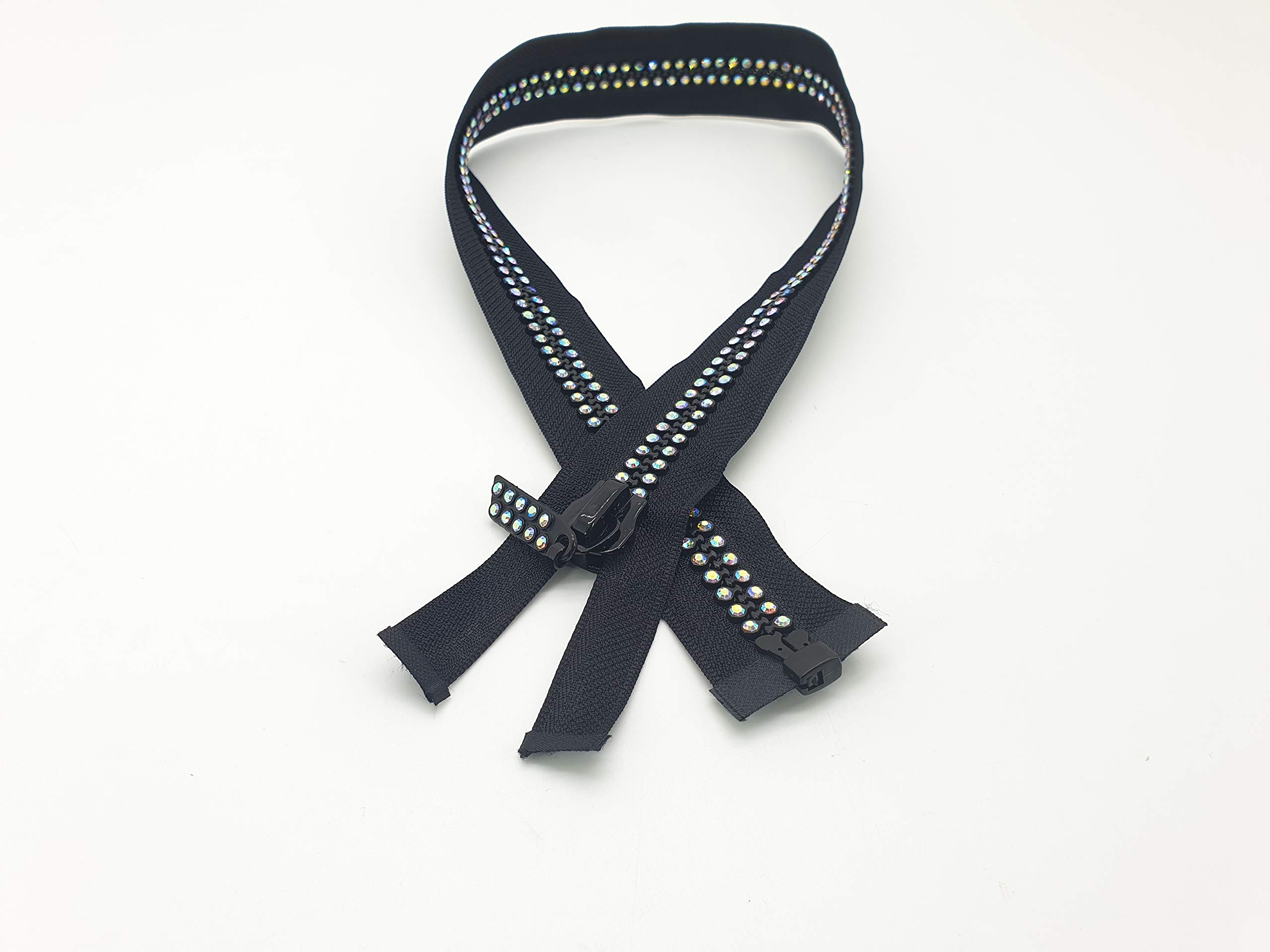 Diamante Zip, Iridescent Rhinestone Chunk Zip, Shiny Crystal Open Ended by mnj-trimmings ltd (Black)