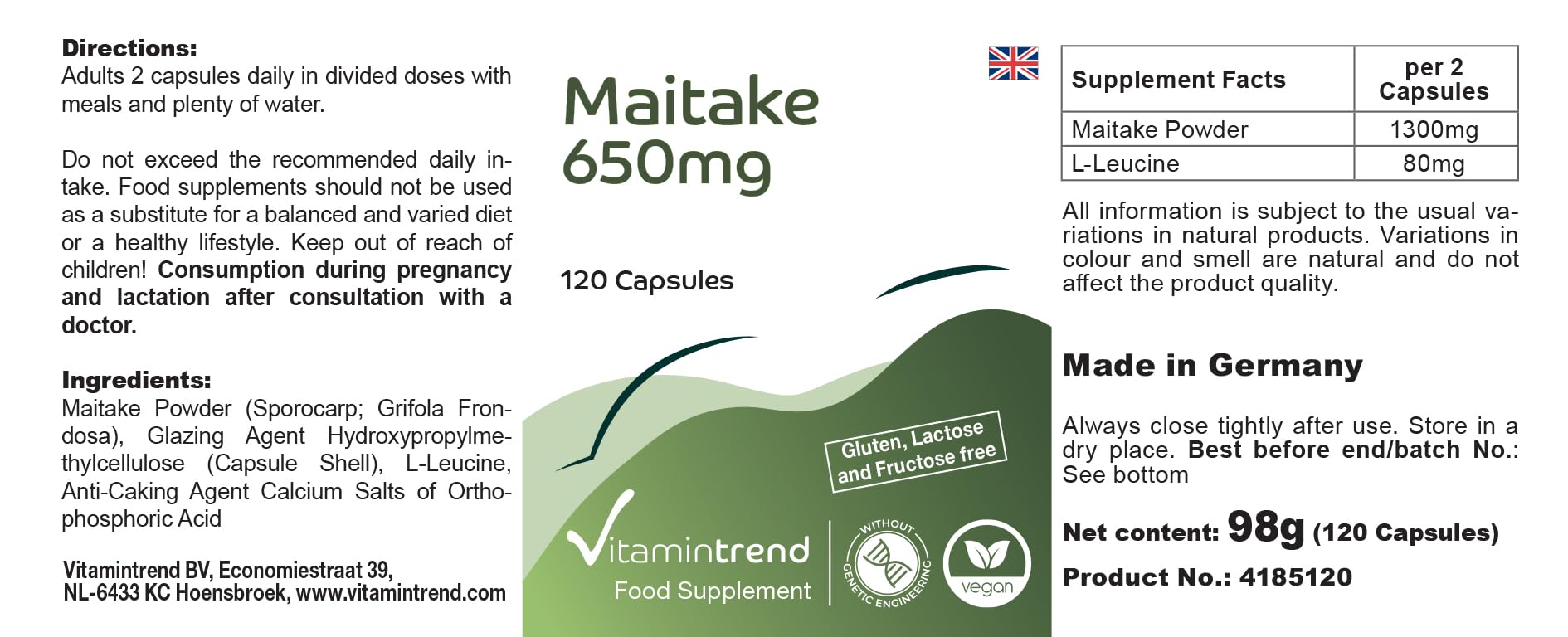 Vitamintrend Polvere di Maitake 650 mg, 120 capsule, ad alto dosaggio, adattogeno, integratore alimentare vegano senza stearato di magnesio, prodotto in Germania