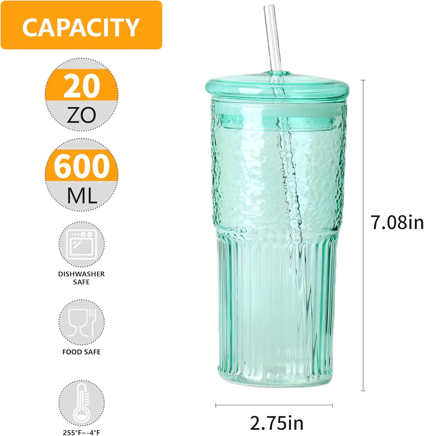 20 OZ Glass Cup with Lids and Glass Straws, High Borosilicate Iced Coffee Glass Tumblers with Lid and Straw for Drinks, 2pcs Reusable Wide Mouth Smoothie Cup(Cyan) - Image 2