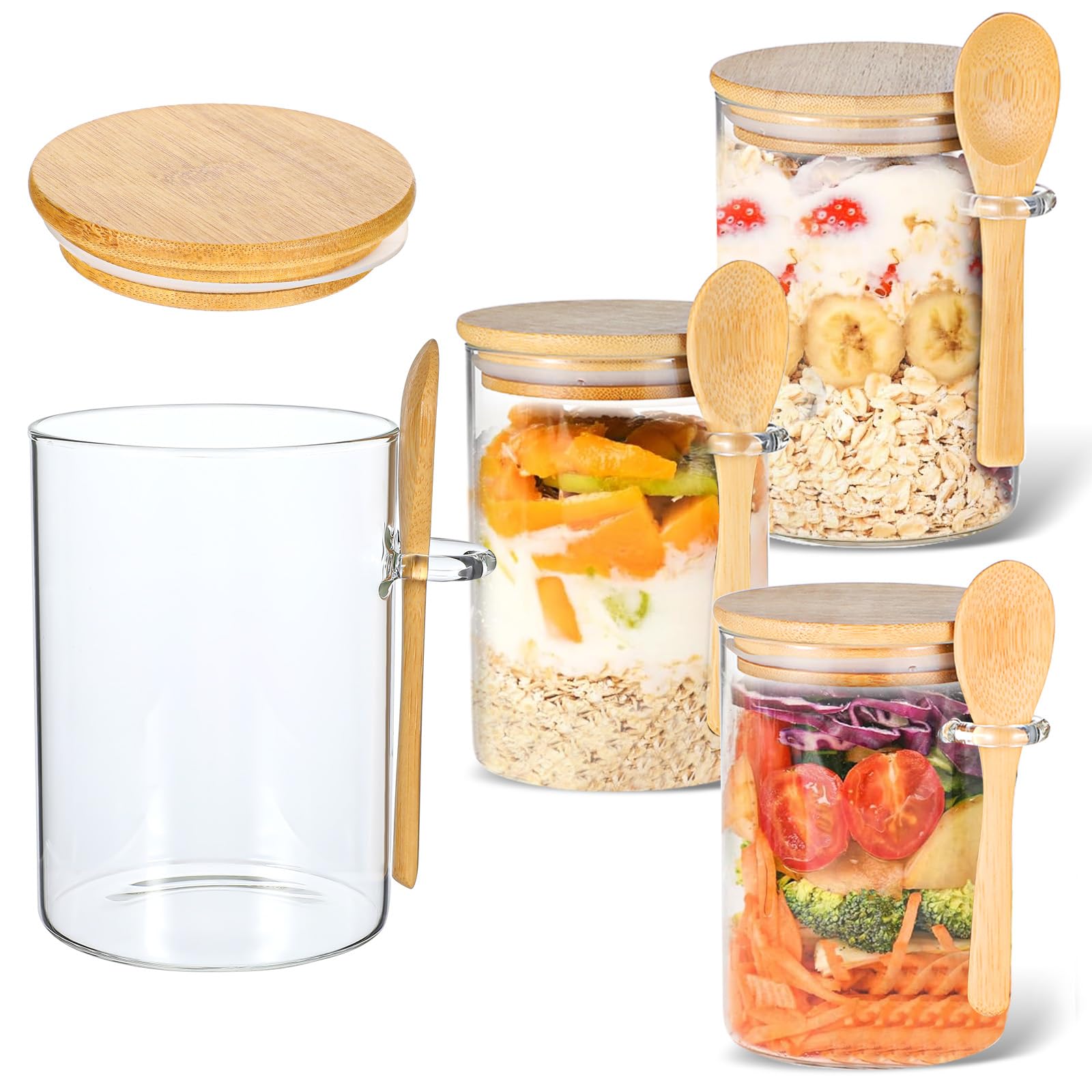 AojSup 4 Pcs 16 oz Glass Jars with Bamboo Lids and Wooden Spoons, Coffee Tea Sugar Container Set for Loose Tea Canister Storage, Overnight Oats Containers with Scoop, Coffee, Yogurt, 16 oz glass jar
