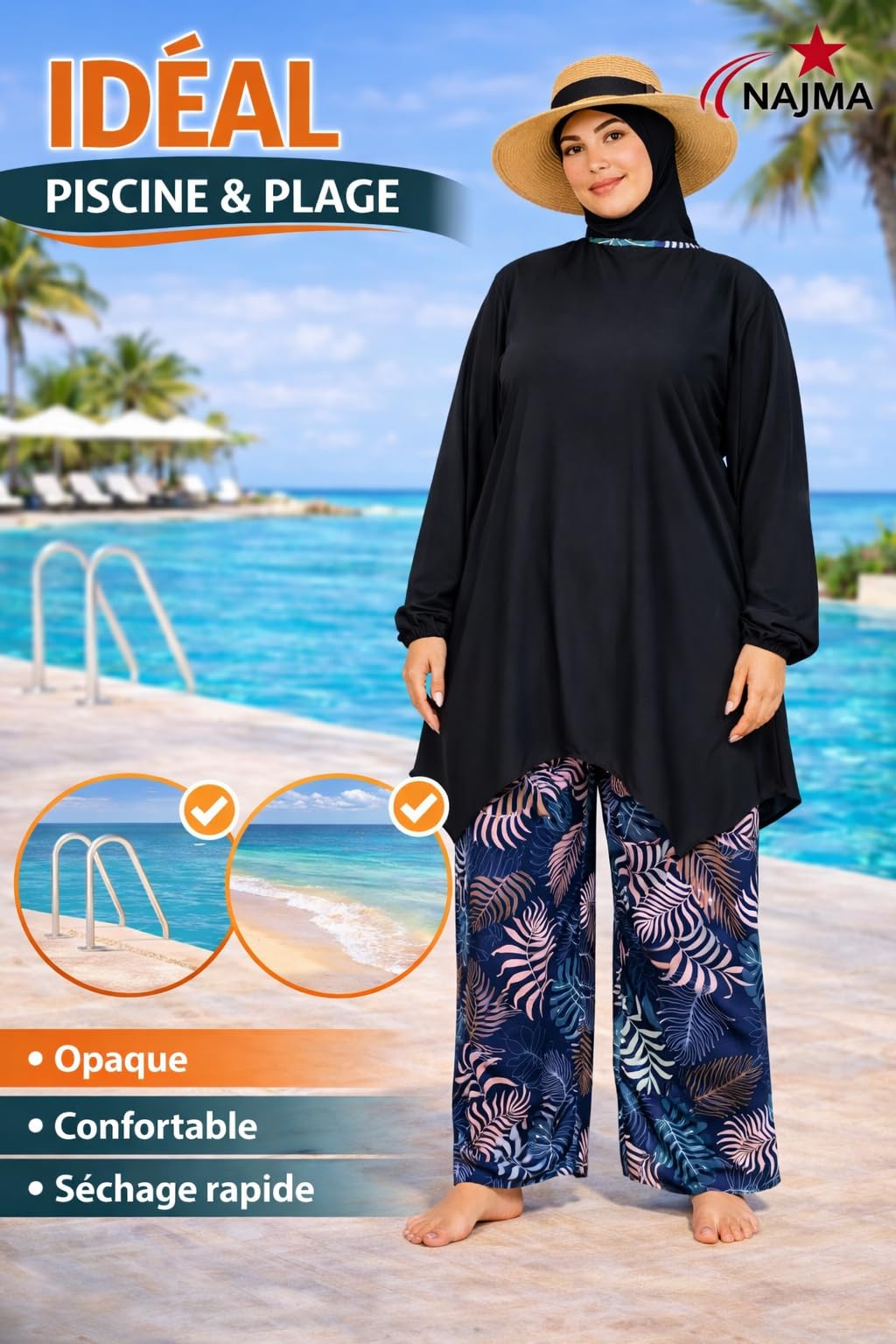 Burkini - Traje de baño modesto de 4 piezas con hijab - traje de baño islámico alto largo largo