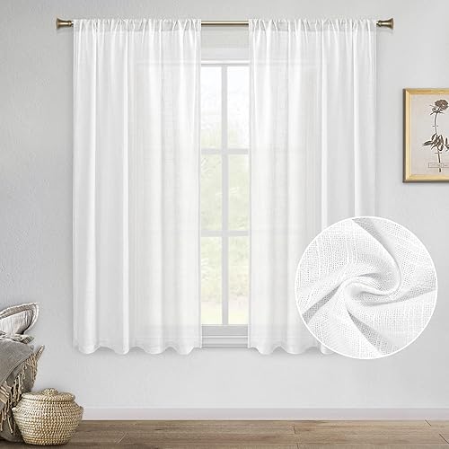DWCN Cortinas transparentes de lino sintético blanco, con bolsillo para barra, cortinas de gasa semitransparentes con textura para dormitorio y sala