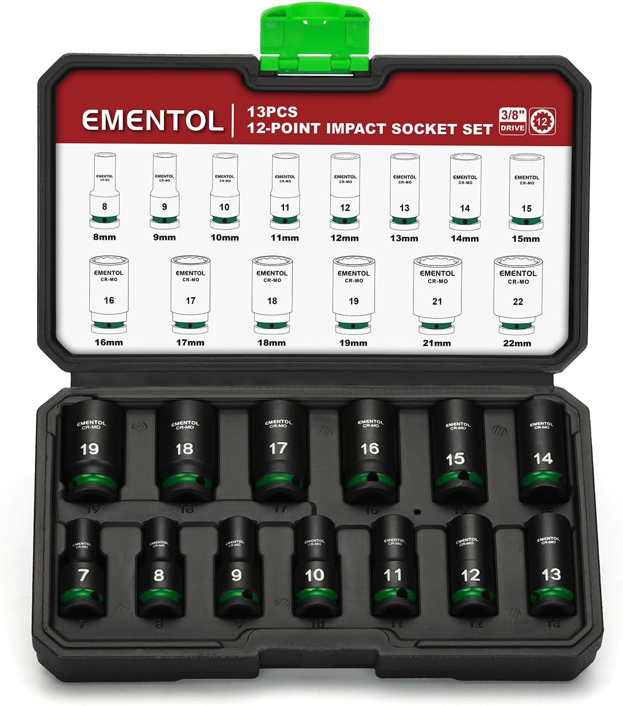EMENTOL 1/2" Drive Impact Socket Set, Shallow Sockets, 26 Pieces, Metric (10-36mm), 12 Point, CR-MO, Stamped and Ink Filled