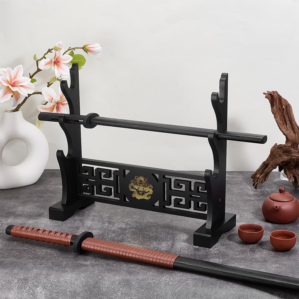 PH PandaHall 3-etagiger Katana Schwertständer Aus Holz – Mit Silberdrachen, Für Samurai-Schwert, Wakizashi & Tanto, Schwarz