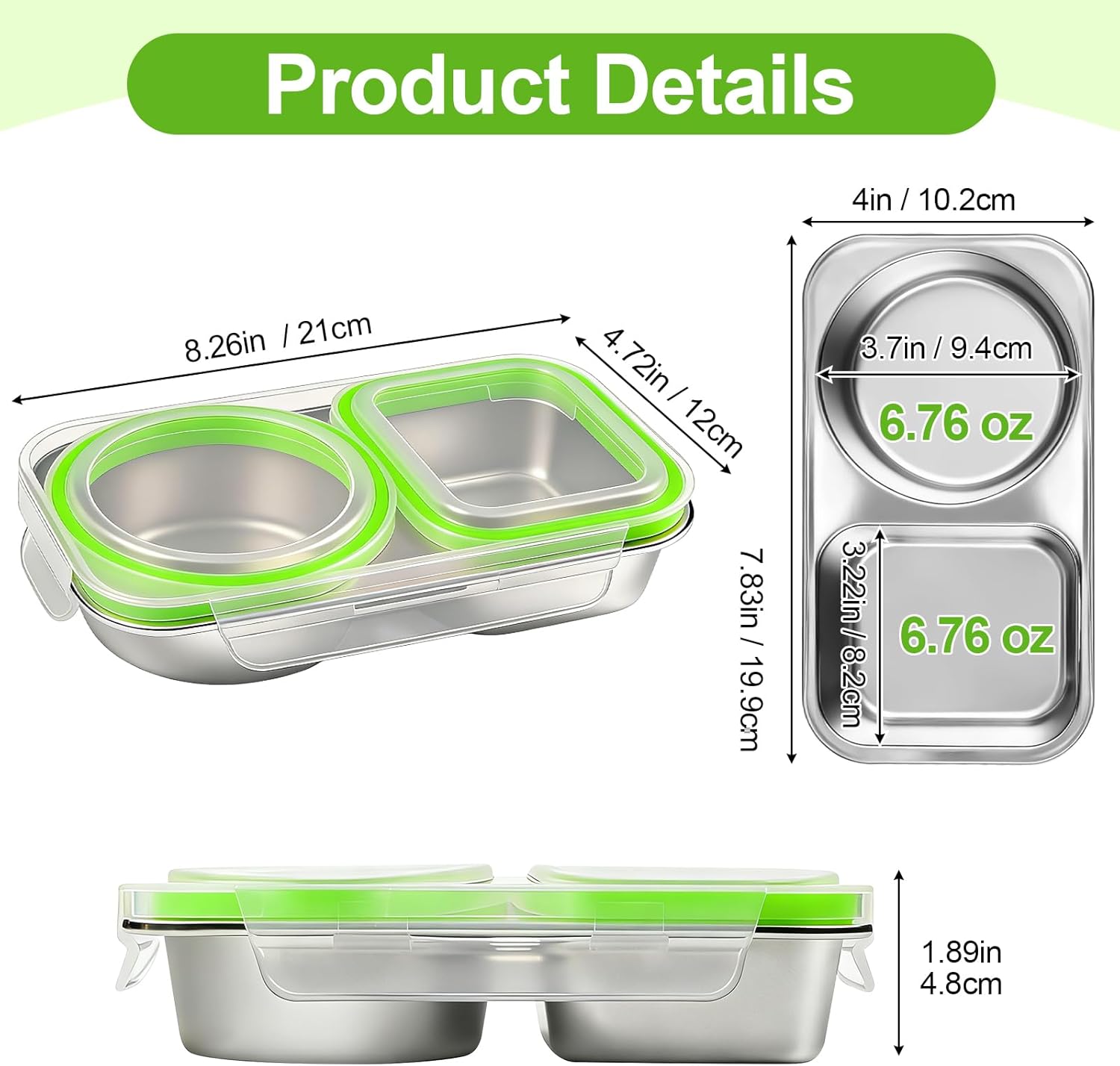 2Pack Stainless Steel Snack Containers with Lids, 13oz 2 Compartment Snackle Box, Leakproof Reusable Bento Box Metal Lunch Container Food Storage for Travel, Picnics, Office (Green) - Image 2